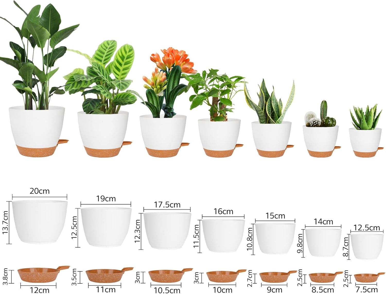 CSYY Blumentöpfe, Set mit 7 Kunststoff-Blumentöpfen mit Bewässerungssystem, 20,3/19/17,7/16,5/15,2/14/12,7 cm, selbstbewässernde Töpfe und Untersetzer für drinnen und draußen