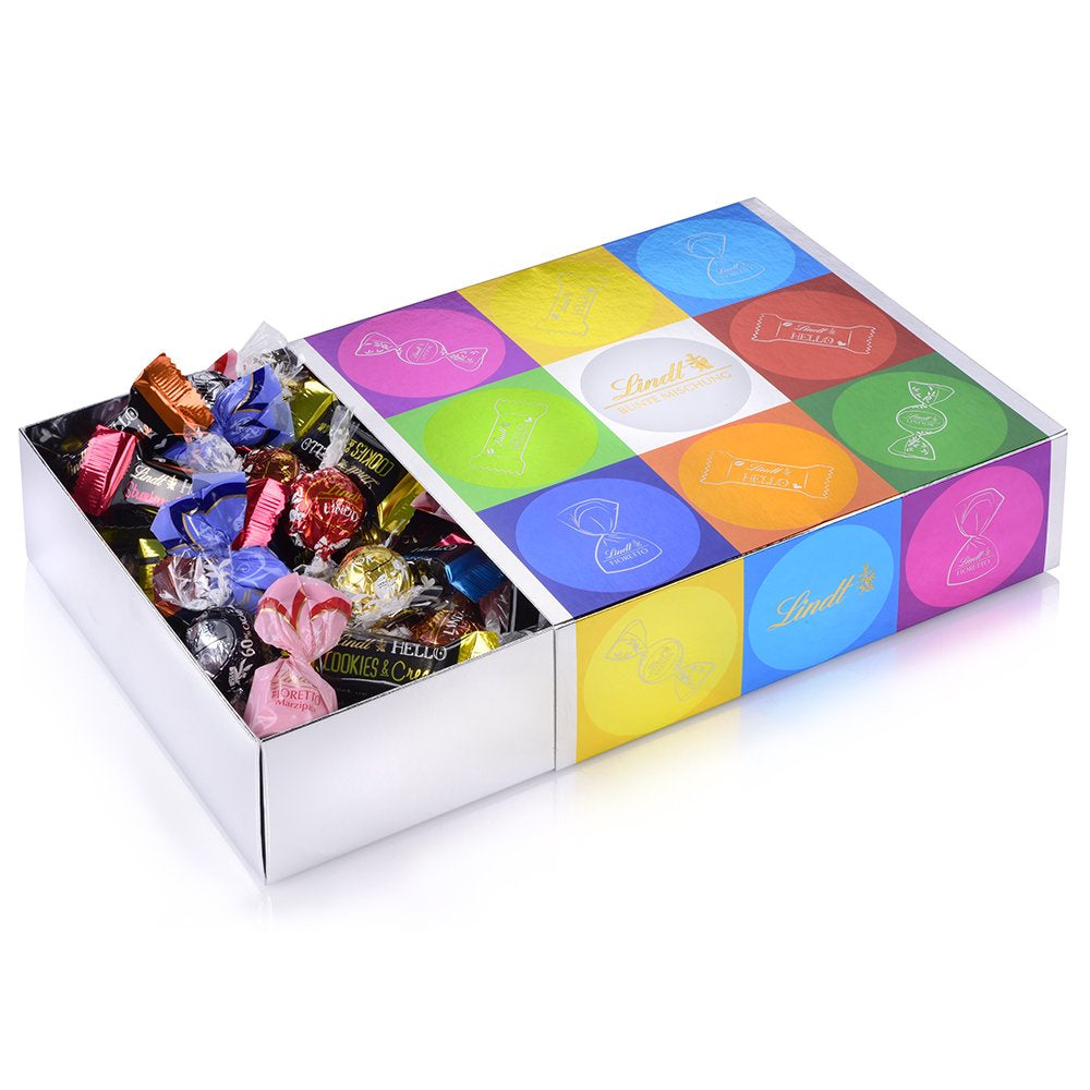 Schokoladensortiment (37 LINDOR Kugeln, 24 Hello Mini Sticks, 10 Mini Fioretto), Schokoladengeschenk (1 x 815 g) und HELLO Mini Emoti, Milchschokolade in 5 Emoticon-Designs, 164 g