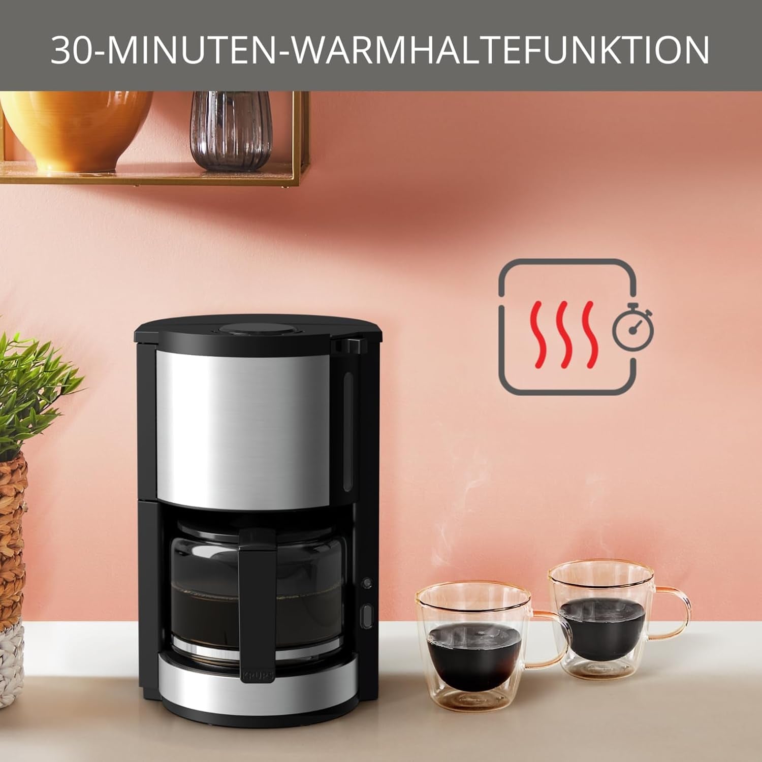 Krups KM3210 Pro Aroma Plus Espressomaschine, 10 Tassen, 1,25 l, Warmhalten für 30 Minuten, sichtbares Wasserstandsfenster, Anti-Tropf-System, schwarz mit Edelstahl-Applikationen