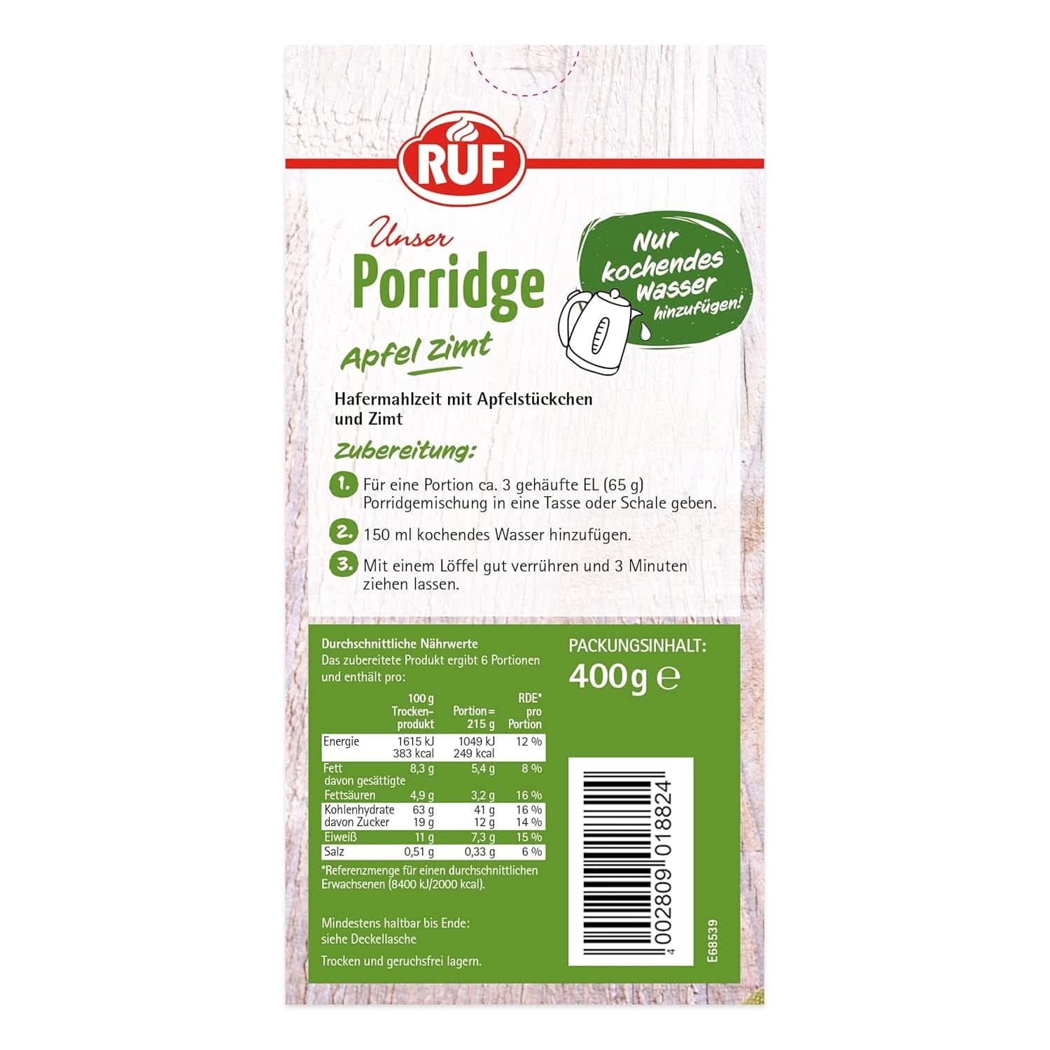 RUF Porridge Apfel-Zimt, mit ganzen Haferflocken, feinem Zimtgeschmack und getrockneten Apfelstücken, 400 Gramm Cerealien Naty Shop