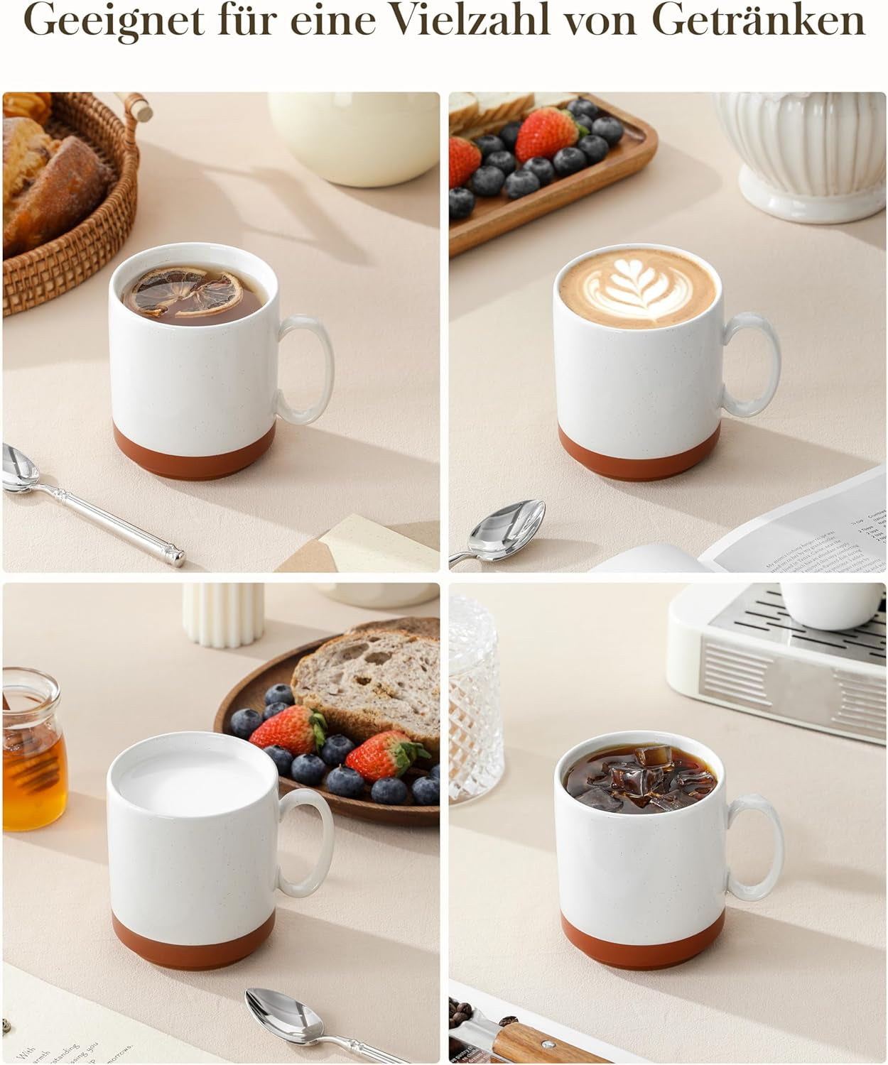 MALACASA Kaffeebecher-Set, 350 ml Steinzeugbecher-Set für 4 Personen, moderne Kaffeebecher für Tee, Saft, Latte, Cappuccino, heiße Schokolade. Spülmaschinen- und mikrowellengeeignet, TARA-Serie, Khakiweiß