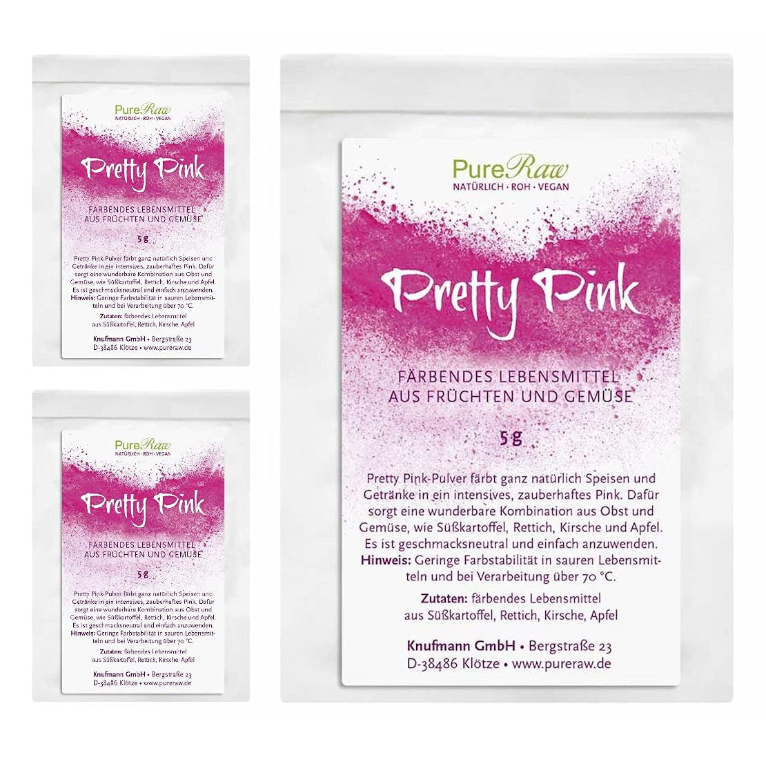 Pretty Pink Natürliche Lebensmittelfarbe Pulver Rosa (Roh Vegan) Pastel Rose Bis Intensiv Rosa-Rot - Essbare Farbe Für Lebensmittel Aus Früchte Und Gemüse - Natürliche Lebensmittelfarbe | Pureraw 5G Naty Shop 5 G (3er Pack) Pink