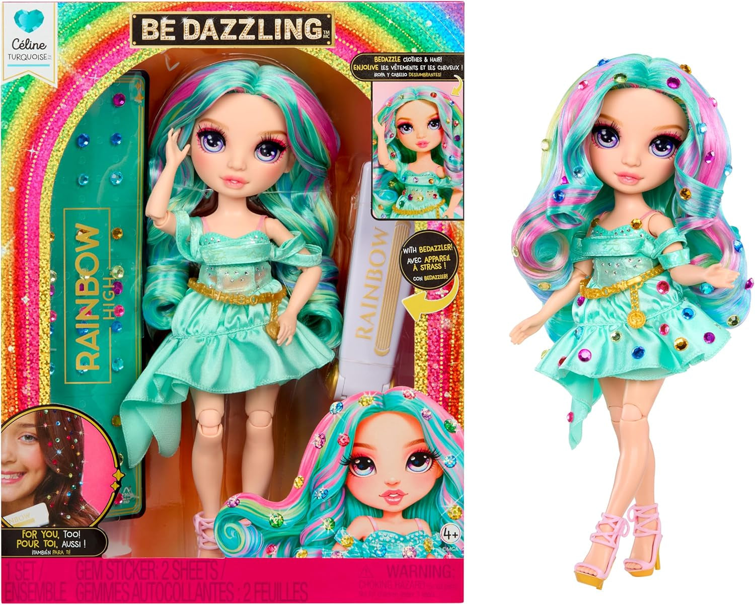 Rainbow High Be Dazzling Modepuppe – Celine Türkis – Blaugrün, 28 cm, mit Dekorationswerkzeug, funkelnden Edelsteinen und Styling-Accessoires