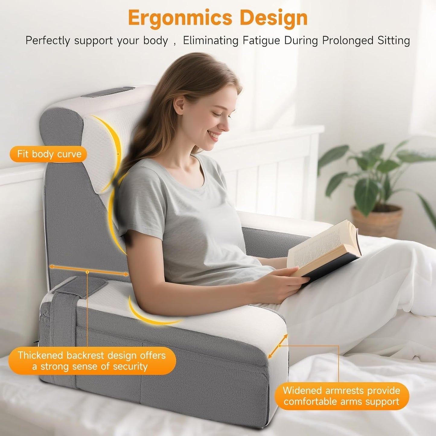 Großes Lesekissen mit abnehmbarer Nackenstütze und Armlehnen, Rückenkissen fürs Bett, ergonomisches Rückenkissen mit Armlehne, Tasche und waschbarem Bezug zum Lesen und Fernsehen.