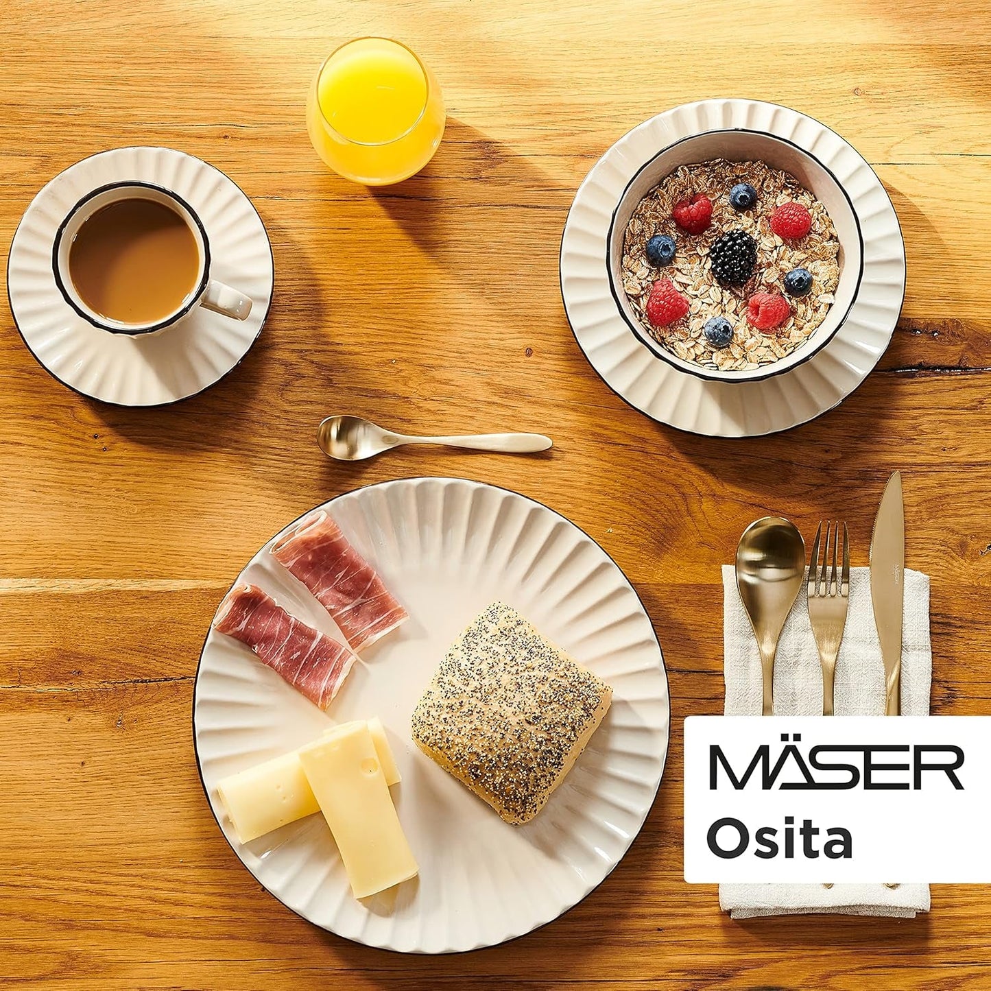 MÄSER 931967 Osita Retro Series 6-Personen-Geschirrset Wave, 18-teiliges rundes Geschirrset, Speiseteller, Dessertteller und Müslischalen, Keramik, Cremeweiß