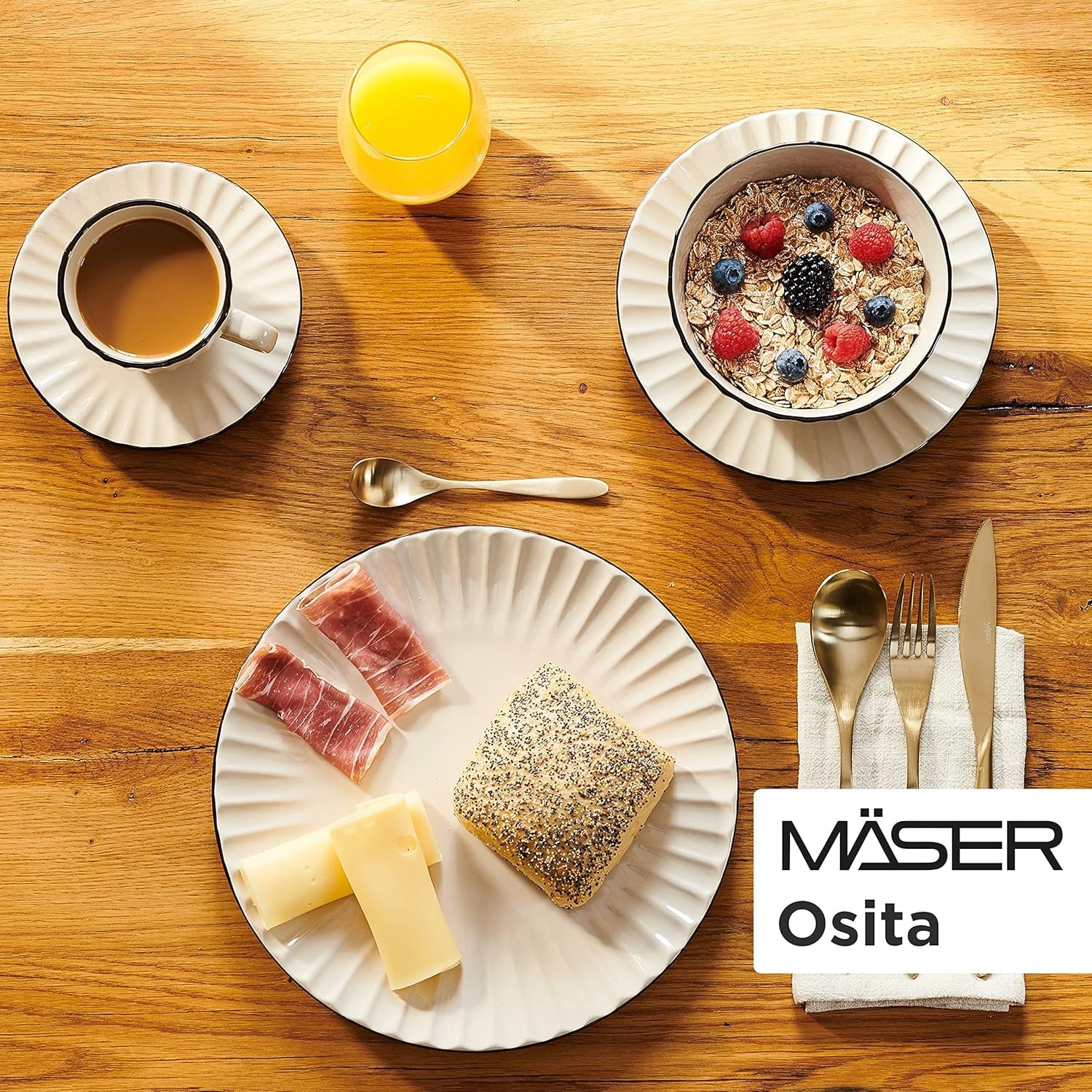 MÄSER 931967 Osita Retro Series 6-Personen-Geschirrset Wave, 18-teiliges rundes Geschirrset, Speiseteller, Dessertteller und Müslischalen, Keramik, Cremeweiß