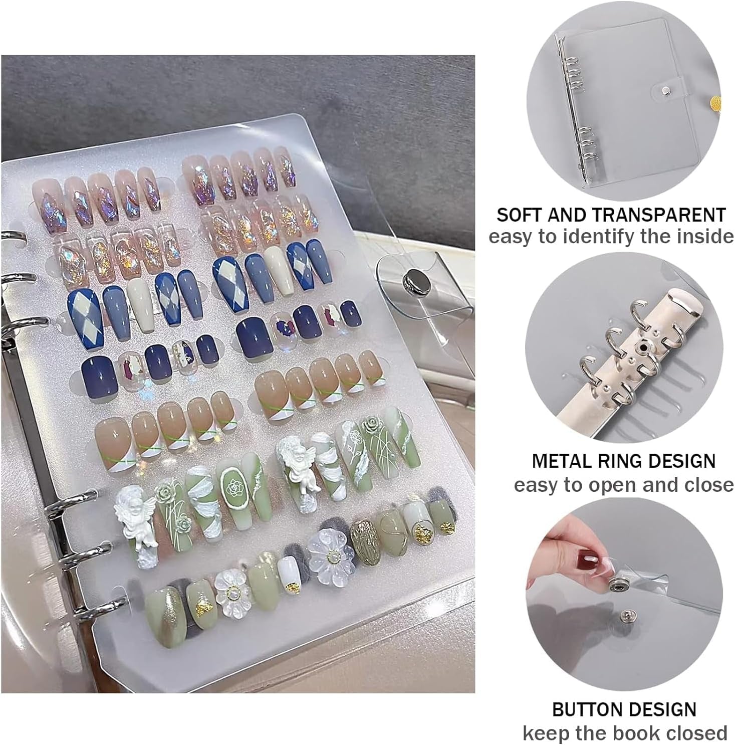 A5-Nagel-Organizer-Set mit Klammerverschluss und herausnehmbaren Blättern – stabile, durchsichtige Box + 6 Klebepads und abnehmbares Kunst-/Klebenagel-Aufbewahrungsbuch – ideal für Aufbewahrung und Präsentation