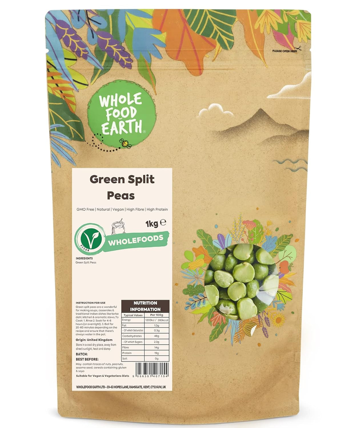 Wholefood Earth Organic Split-Grüne Erbsen – 1 kg