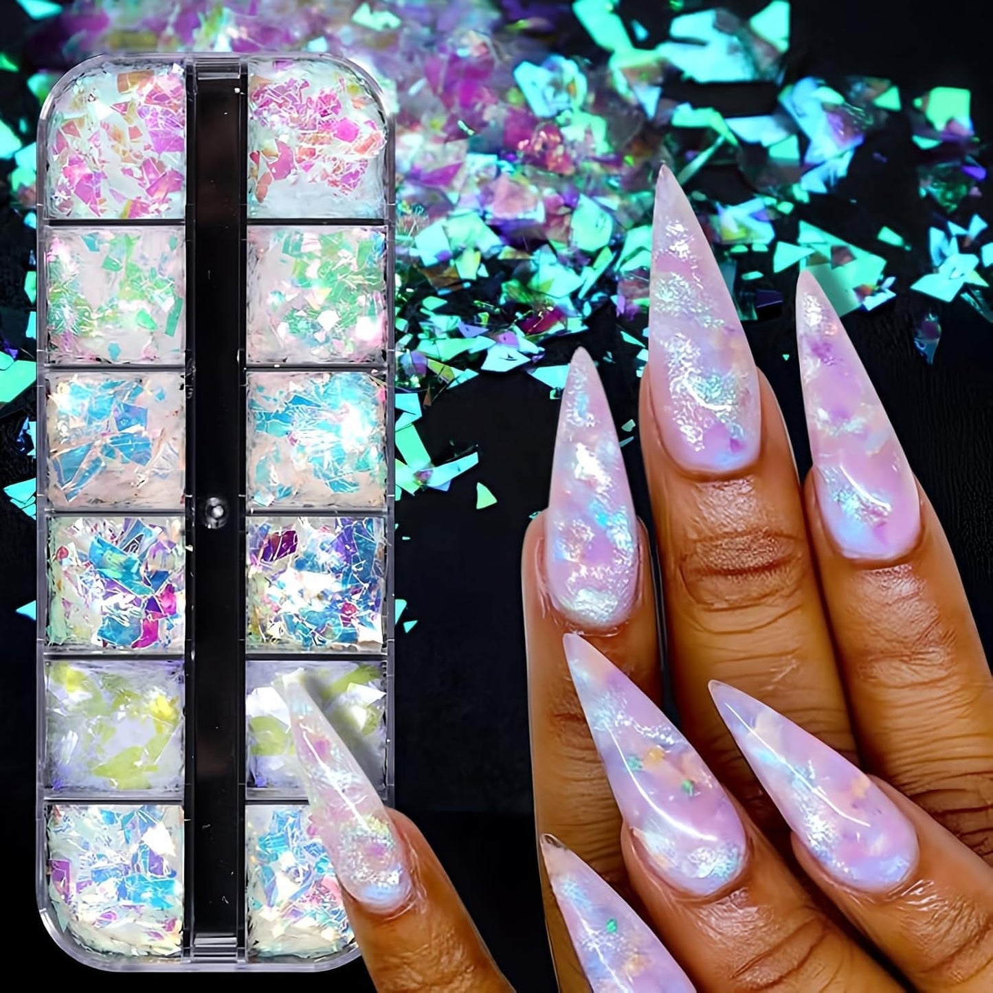 JMEOWIO Nagelglitzer, 12 Gitter, Meerjungfrau, Nagelkunst, Dekoration, Zubehör, Nageldesign