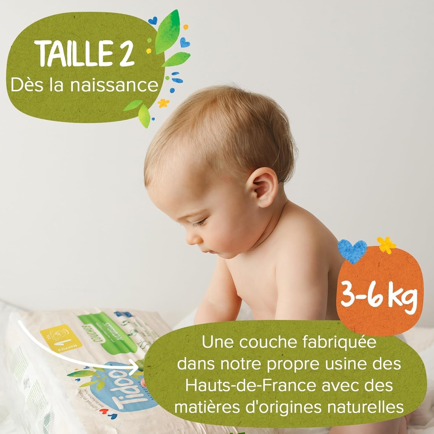 - Ökologische Diadeln, Größe 2 (3-6 kg) – natürlicher Ursprung, ohne Schadstoffe – 12 Stunden trocken, extrem saugfähig – Hermestellung in Frankreich – 150 Einwegdiadeln – Packung 1 Monat