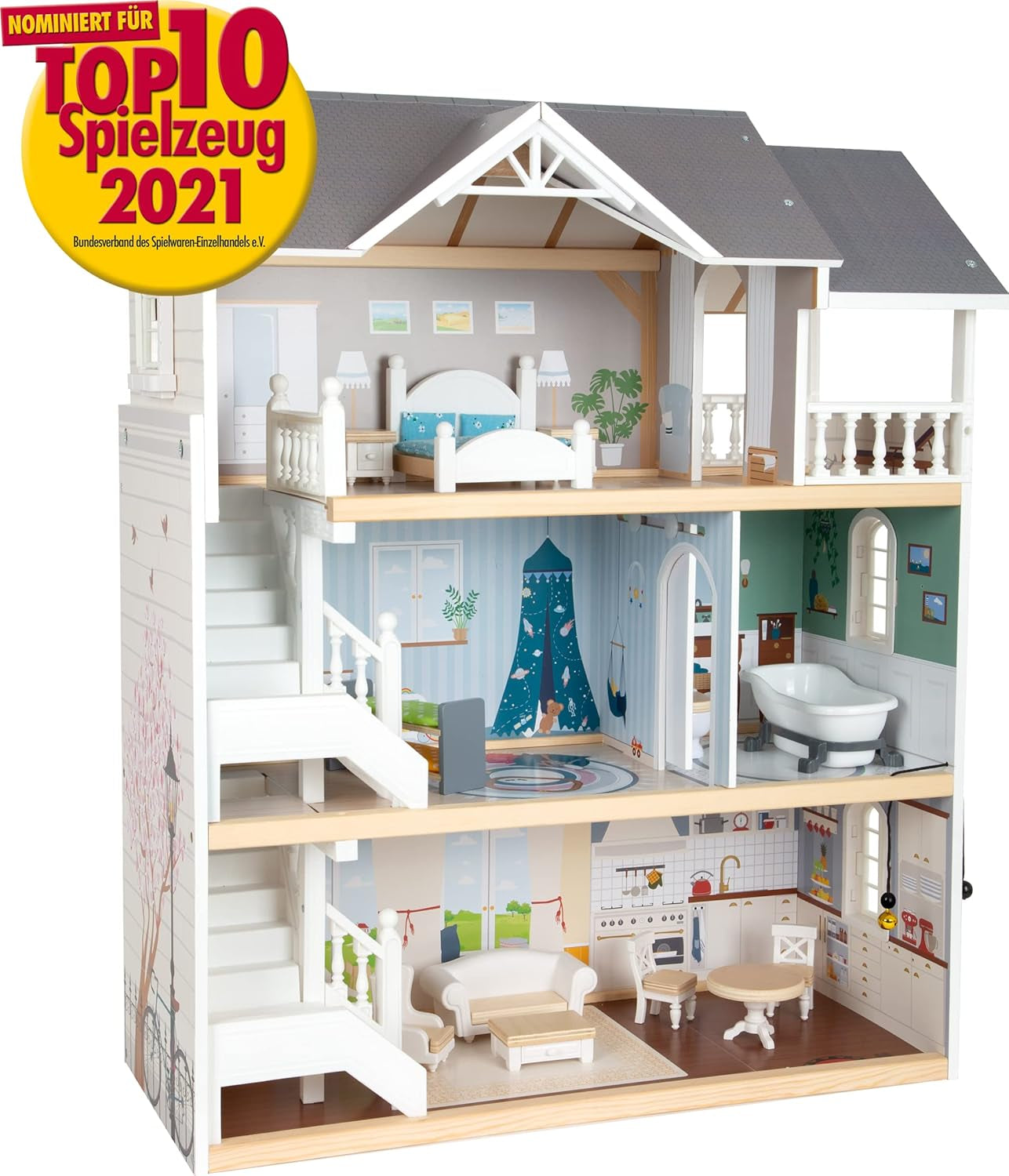 Small Foot 3-stöckiges Puppenhaus aus Holz mit offener Vorderseite und 12 Möbelstücken für Kinder ab 3 Jahren, 11802, Weißgrau