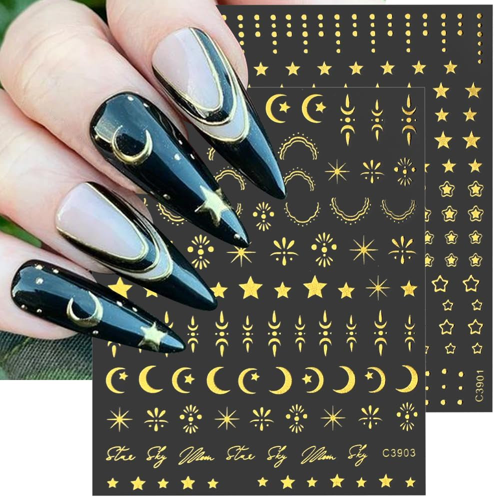 8 Blatt goldene Mond- und Sterne-Nagelkunstaufkleber, Engelsflügel, hellbraune goldene Nagelaufkleber, Sterne, Nagelfolien, selbstklebende Nagelaufkleber, Nageldesign-Zubehör, Nagelaufkleber