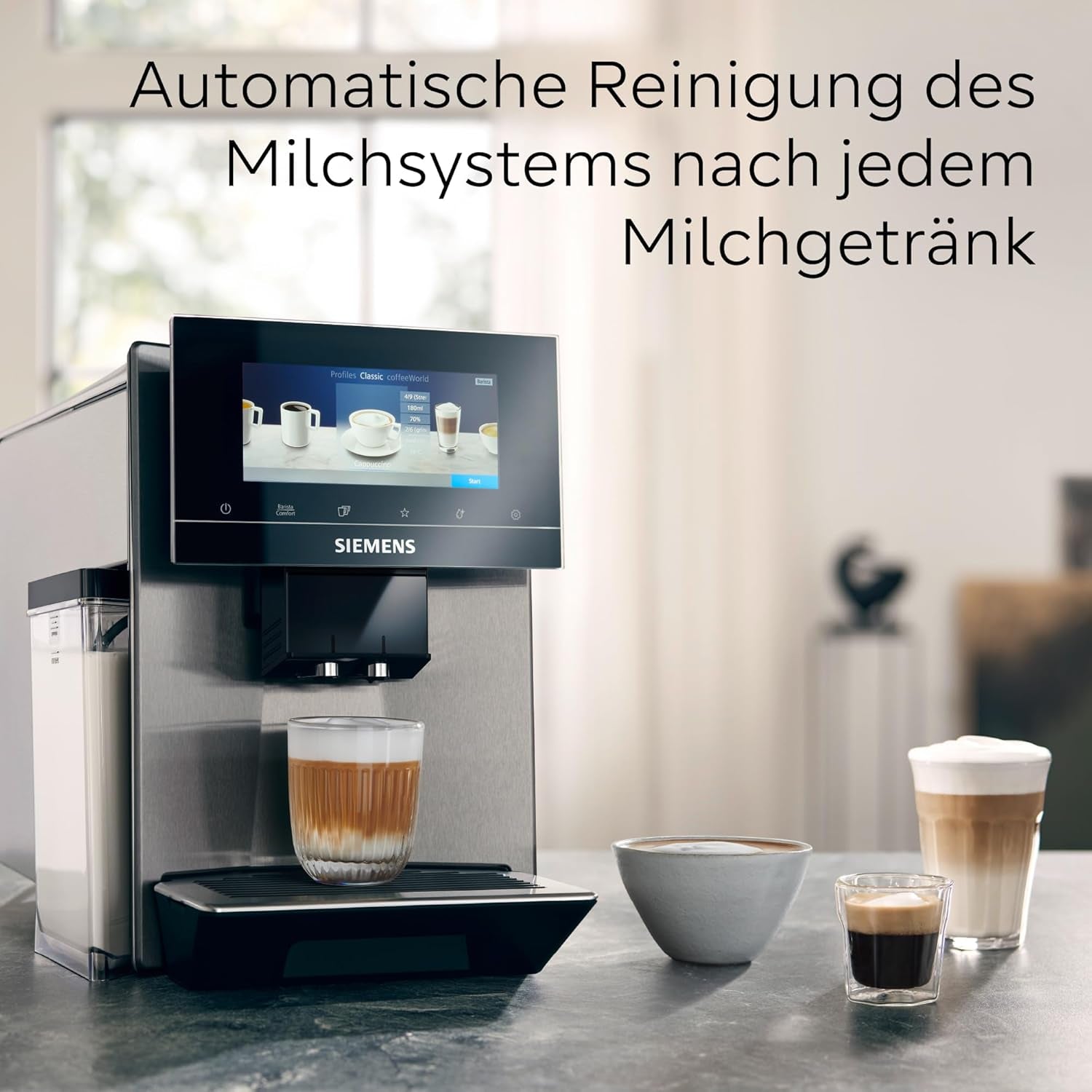 Siemens EQ900 TQ903D03 Automatische Espressomaschine, App-Steuerung, intuitives Touch-Display, Barista-Modus, AromaBoost, Geräuschreduzierung, Premium-Mahlwerk, automatische Dampfreinigung, 1500 W, Edelstahl