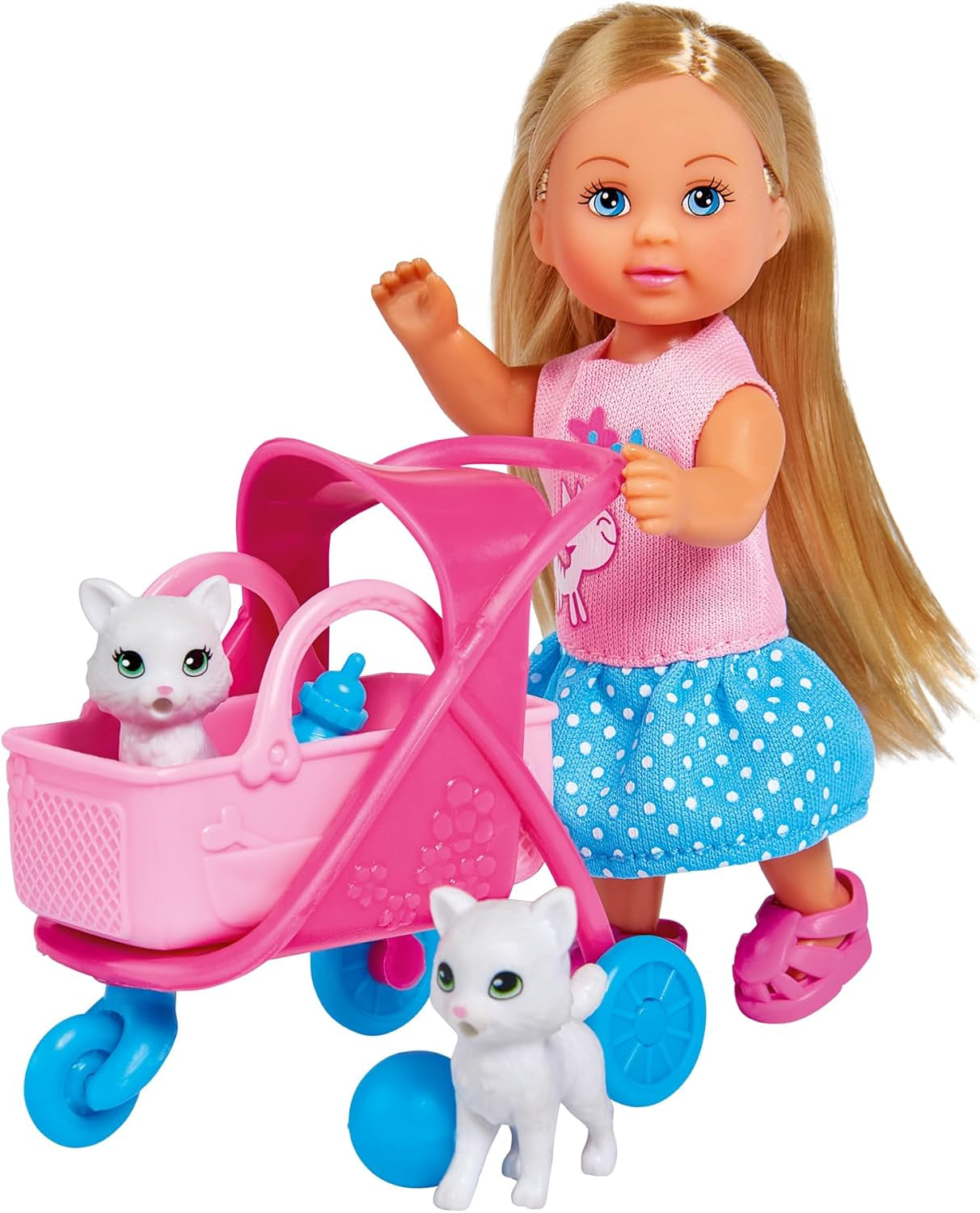 Simba 105733348 – Evi Love Katzen-Kinderwagen, mit zwei Katzen im Kinderwagen, abnehmbare Tasche, Zubehör, Anziehpuppe, 12 cm, für Kinder ab 3 Jahren