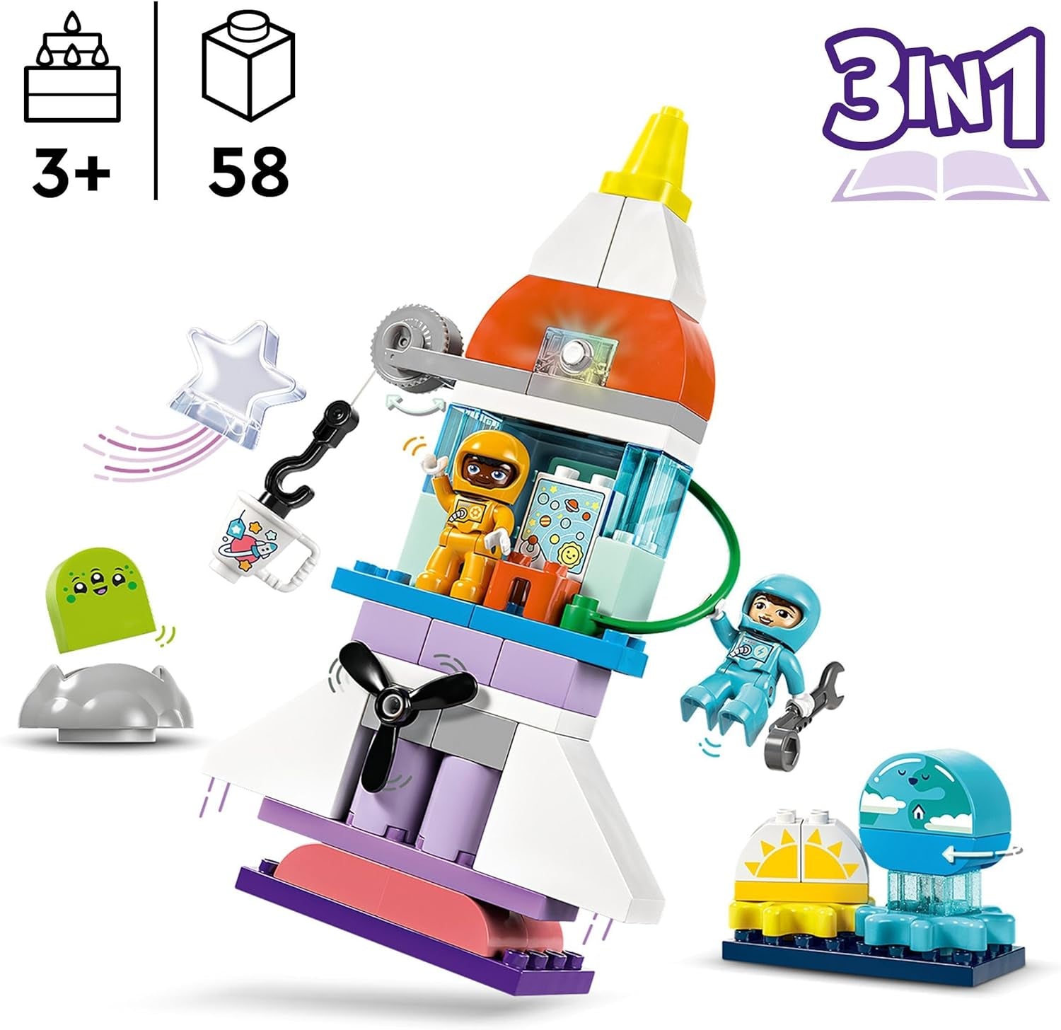 LEGO DUPLO 3-in-1 Space Shuttle, jede Menge Abenteuer, Weltraumset, Raketenspielzeug für Kinder, wissenschaftliches Bauspielzeug, frühe motorische Fähigkeiten, Geschenk für 3-Jährige, 10422 Bausets. Beuche den LEGO-Store