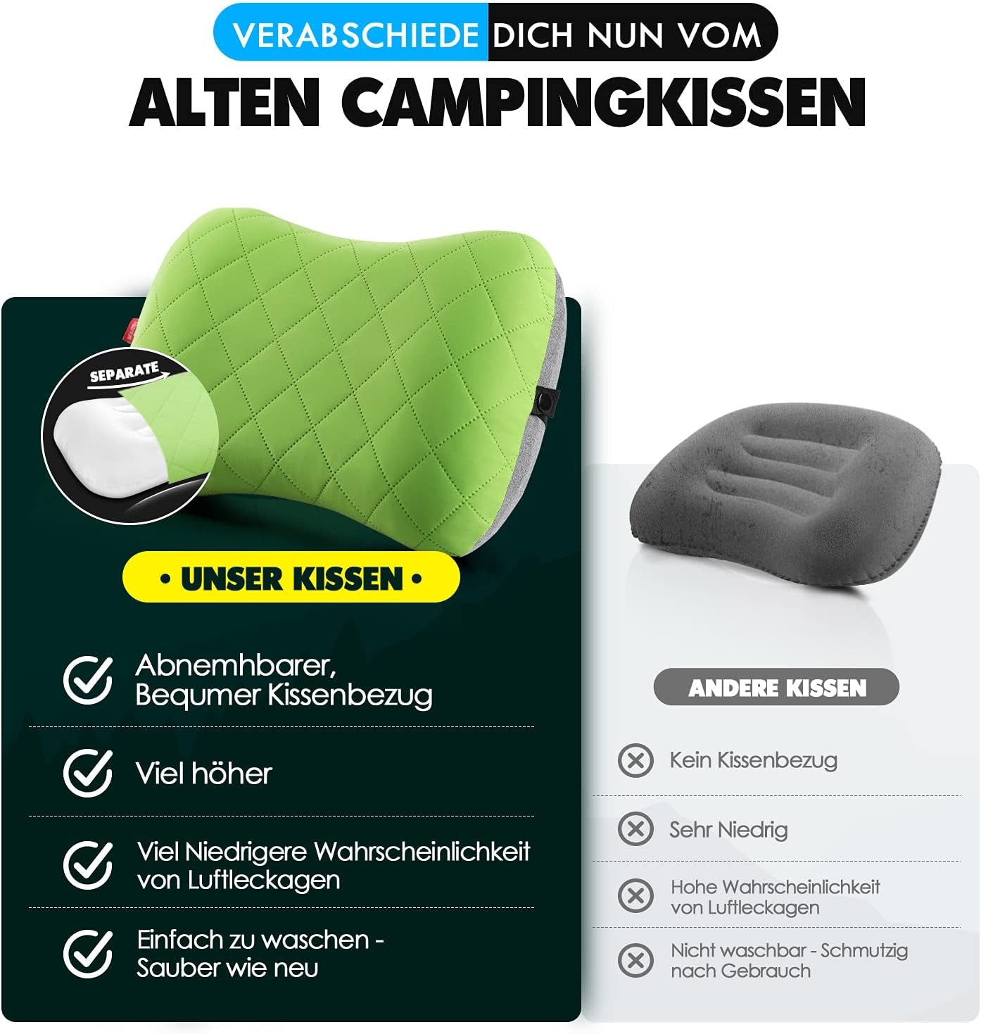 HIKENTURE Aufblasbares Camping-/Reisekissen mit abnehmbarem Kissenbezug, ergonomisches Kissen, bequemes Nackenkissen für Reisen/Outdoor, aufblasbares Reise-Nackenkissen (grün) ... Orthopädische Halskissen von Naty Shop