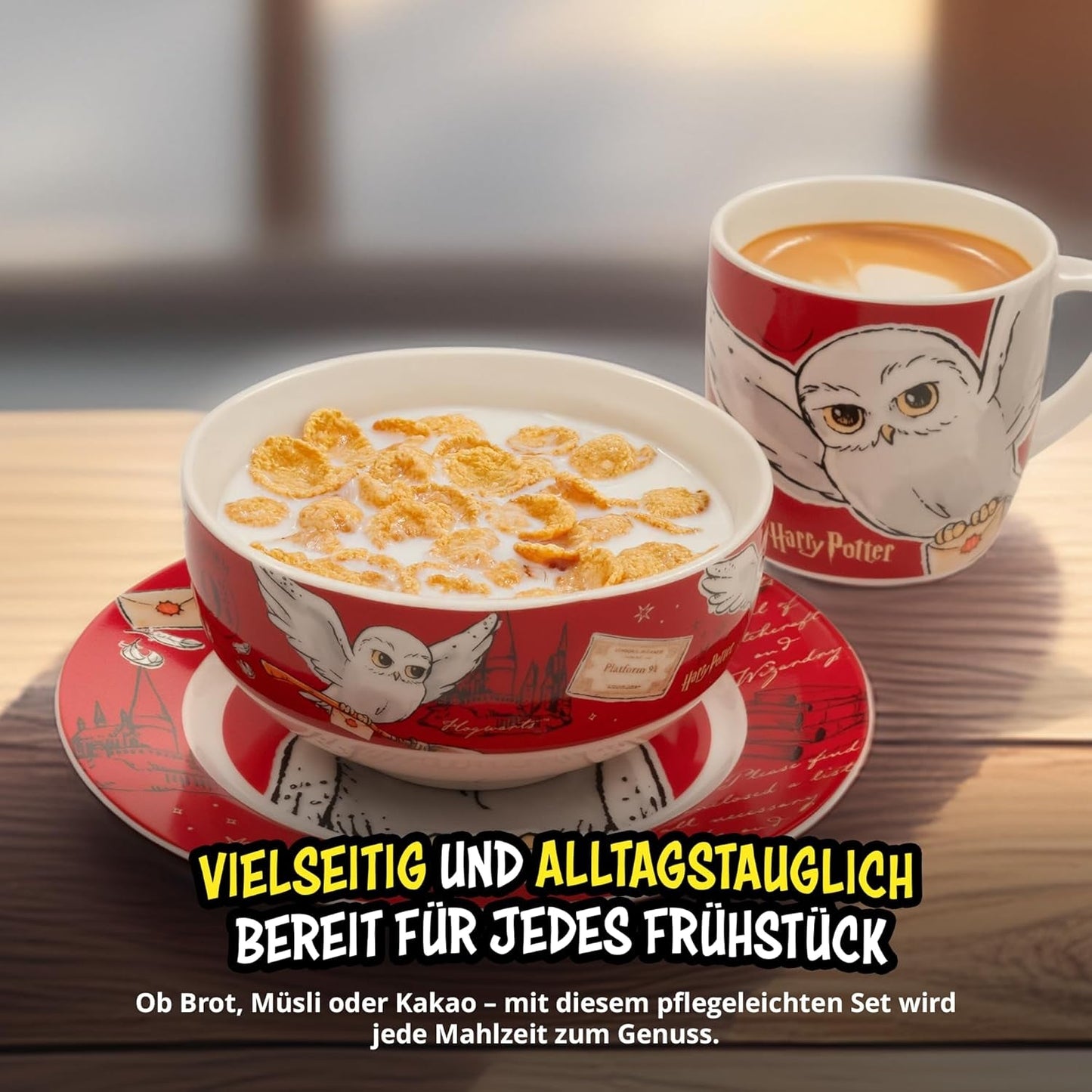 Harry Potter 3-teiliges Geschirrset, rot, Frühstücksset aus Porzellan mit Teller Ø 19 cm, Becher 220 ml und Schüssel 330 ml, Geschirrset