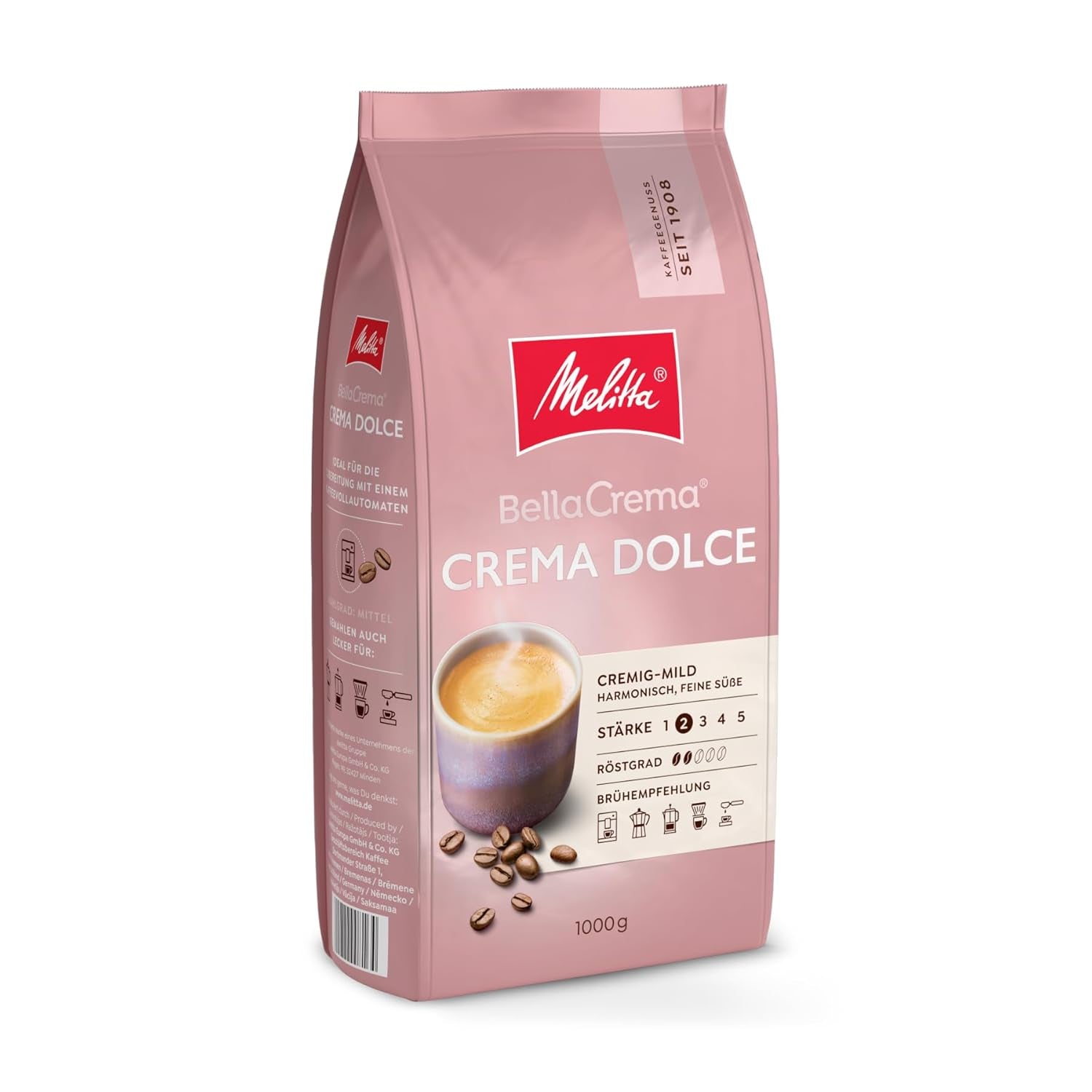 Melitta BellaCrema Crema Dolce Kaffeebohnen 1 kg, ungemahlen, Kaffeebohnen für Kaffeevollautomaten, leicht geröstet, in Deutschland geröstet, Intensität 2
