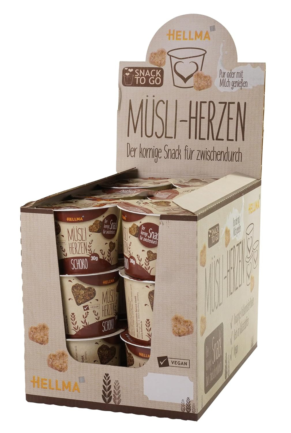 HELLMA Herzen mit Müsli und Schokolade – 18 Portionen à 30 g – Mit Schokolade überzogene Haferflocken in Herzform, Take-Away-Becher