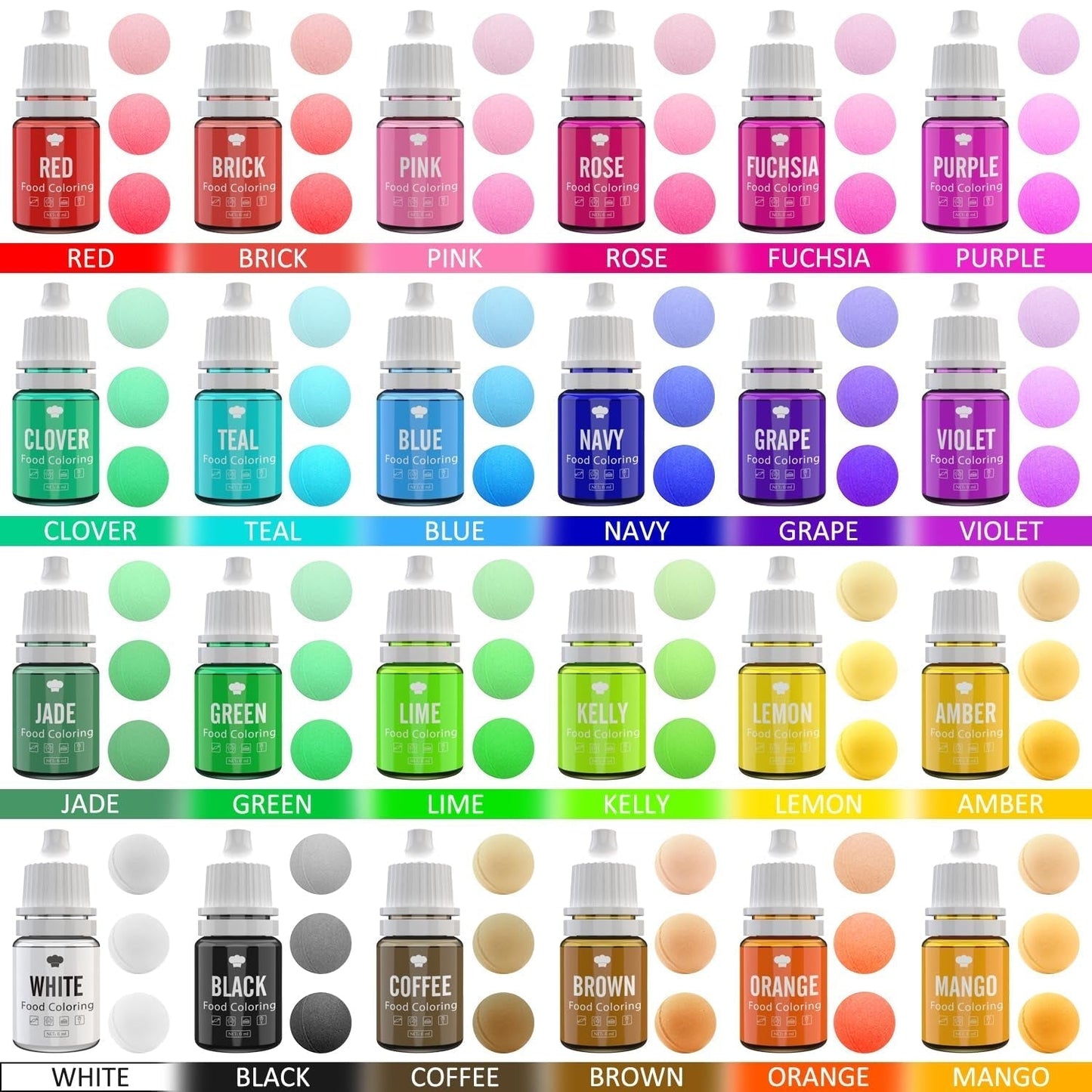 Lebensmittelfarbe – 24 lebendige Lebensmittelfarben zum Backen, Kuchendekorieren, Zuckerguss, Kekse, Fondant und Macarons – flüssige Lebensmittelfarbe für Seifenherstellung und Bastelarbeiten – 24 x 6 ml