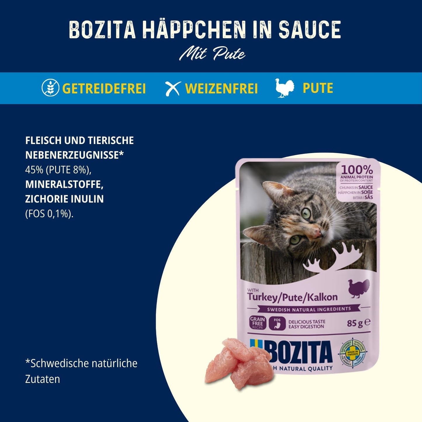 Bozita Beutel Nassfutter mit Stücken in Soße und Truthahn – 12 Portionsbeutel x 85 g Getreide- und weizenfreies Katzenfutter – Nassfutter für ausgewachsene Katzen mit 8,5 % Protein und 4,5 % Fett