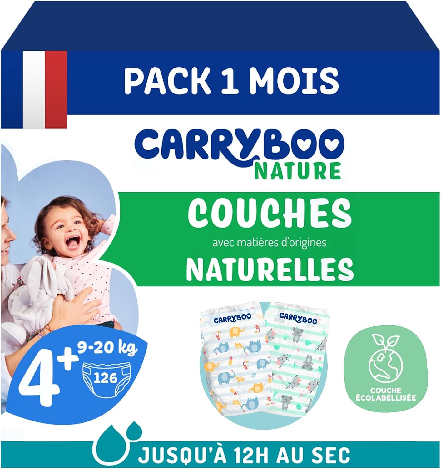 - Windelgröße 4+ 9-20 kg – Ökologische Babywaidern – natürliche Babypflege, hypoallergen, ohne Parfüm und auslaufsicher – Hermestellung in Frankreich – 126 Wegwerfwindeln – 1 Monat