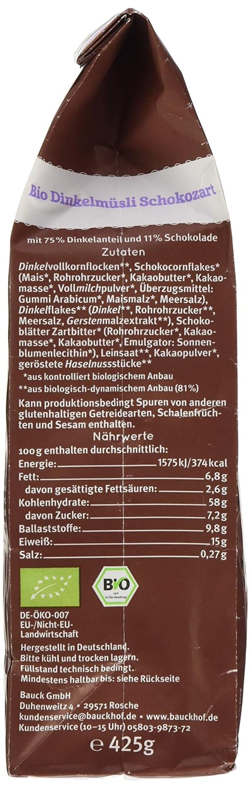 Bauck HOF Dinkelmüsli Schokozart, 425G (1Er Pack) Getreide Naty Shop
