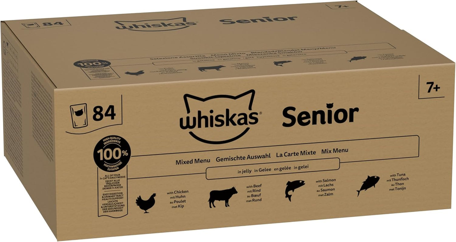 Whiskas Senior 7+ Nassfutter Gemischte Auswahl in Gelee, 84 Beutel, 84x85g (1 Großpackung) – Hochwertiges Nassfutter für Katzen ab 7 Jahren