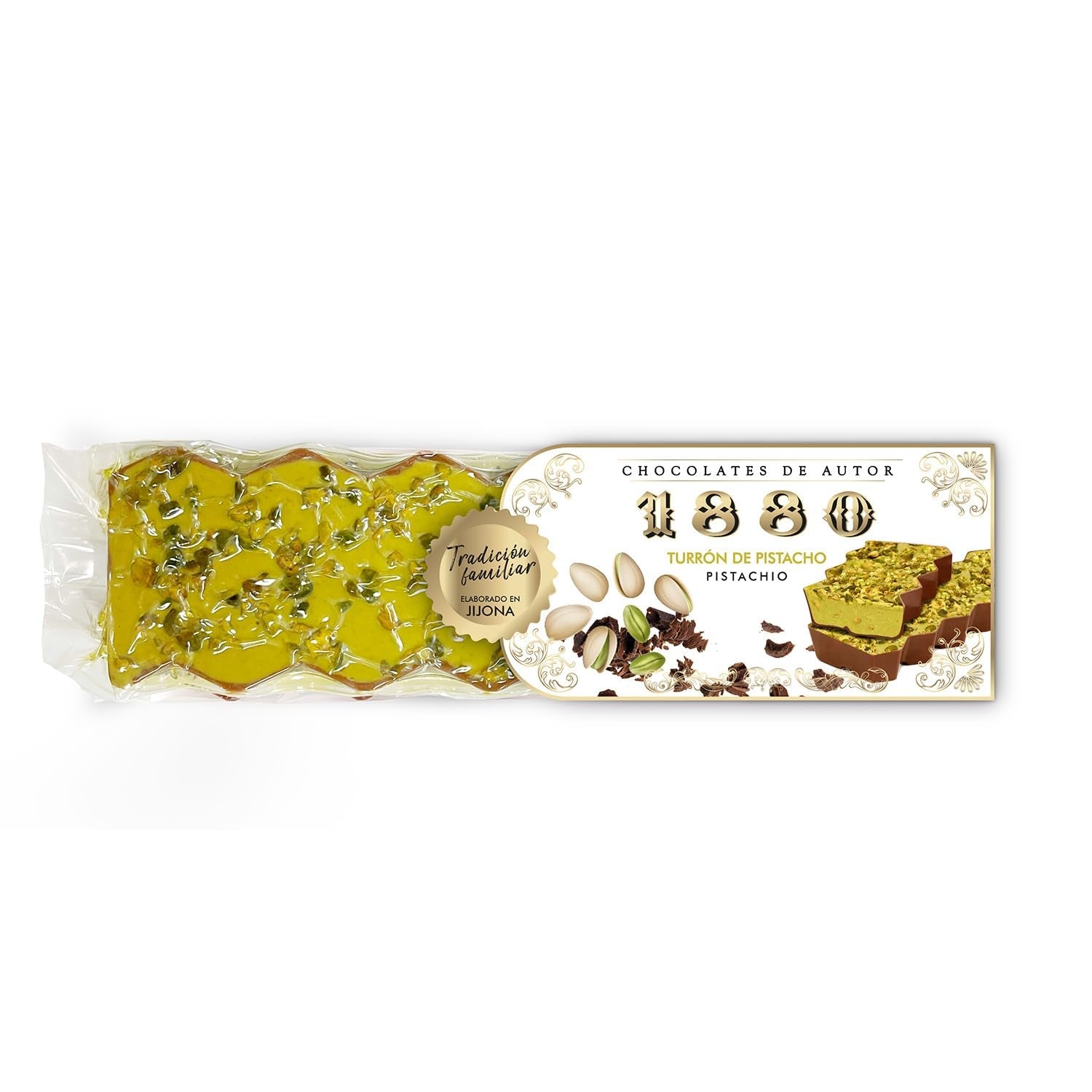 Handgefertigter Schokoladen-Pistazien-Turrón, 200 g, cremige Textur, höchste Qualität, feine Zutaten, authentischer Geschmack, der teuerste Turrón der Welt