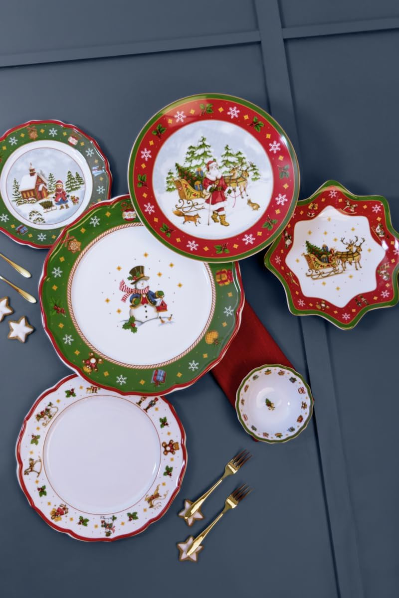 Hutschenreuther Happy Wintertime Red Christmas Geschirrset für 6 Personen, Porzellan, mehrfarbig, 6 Frühstücksteller, 6 Speiseteller und 6 Speiseteller, spülmaschinen- und mikrowellengeeignet