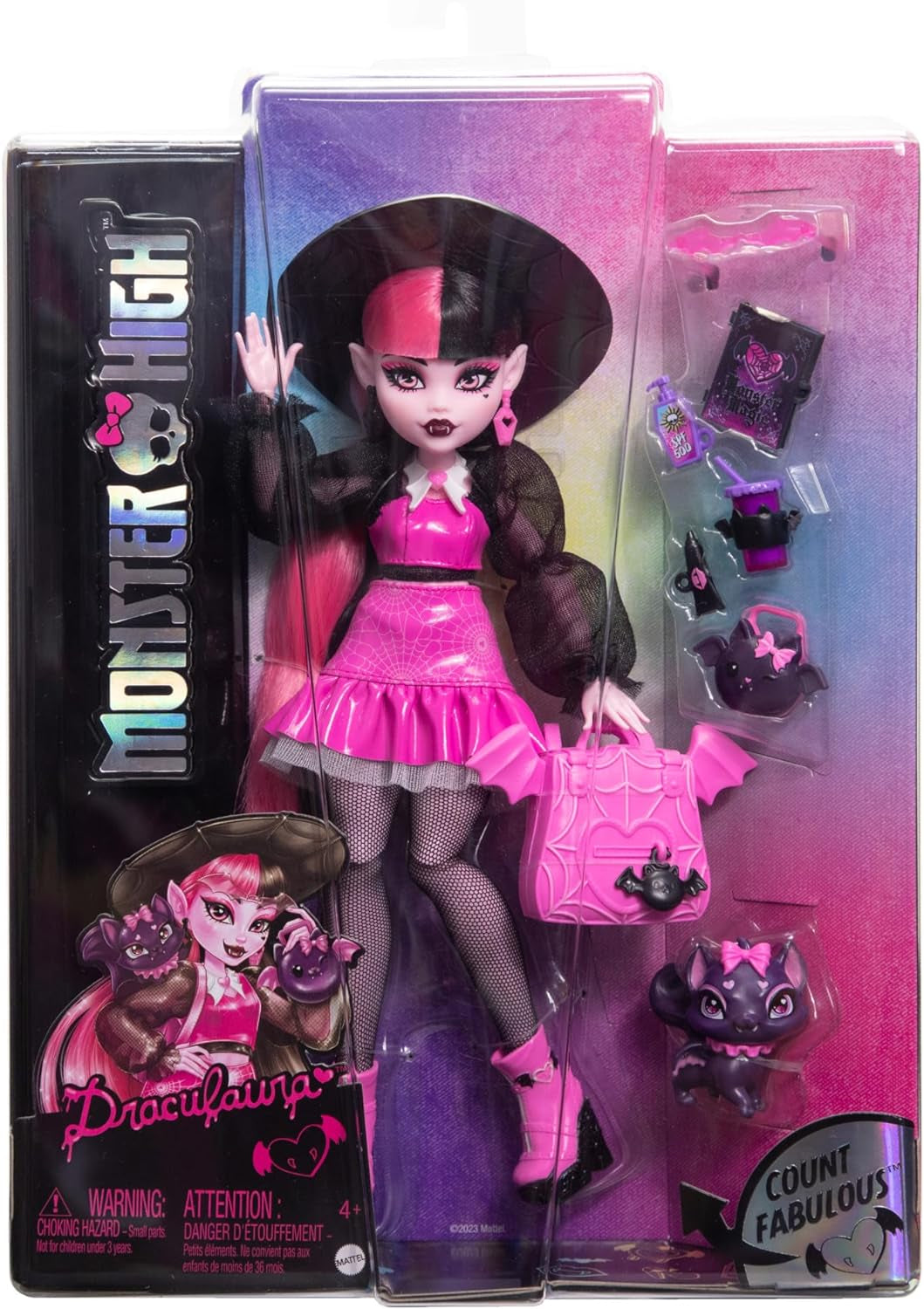 Monster High Draculaura-Puppe mit ihrem Haustier Count Fabulous Fledermauskatze und Zubehör wie Rucksack, Zauberbuch, Bento-Box und mehr, HRP64 Naty Shop Dolls