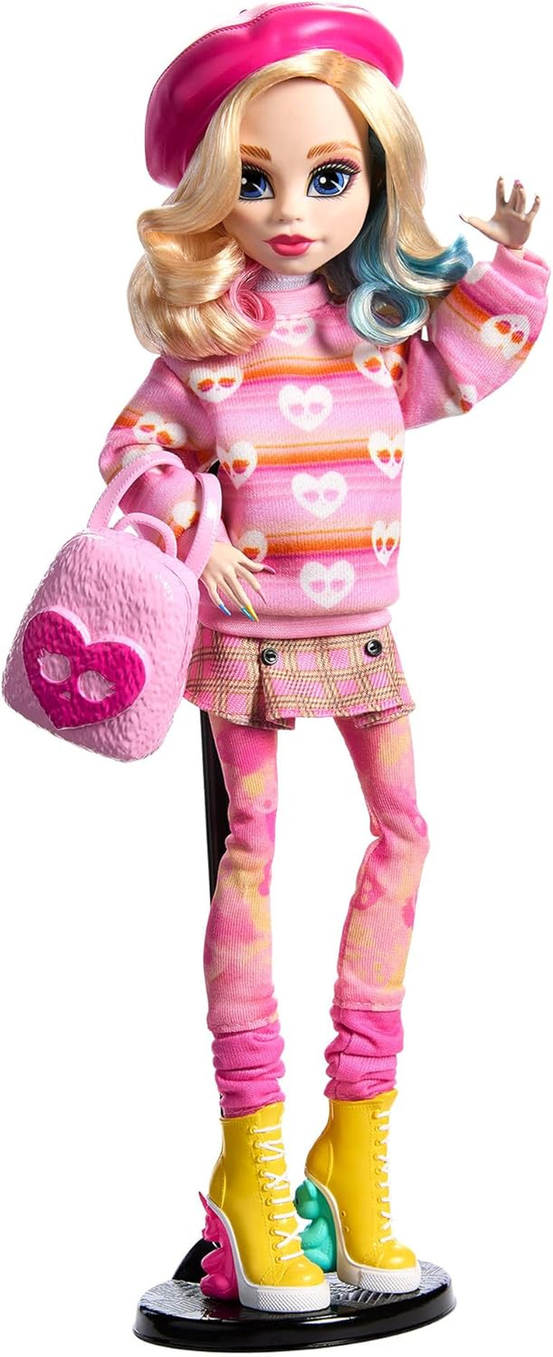 Monster High Wednesday Puppe und Zubehör, Enid Sinclair Sammelfigur in Rosa mit Baskenmütze und Rucksack, Puppenständer, HXJ05 Naty Shop Dolls