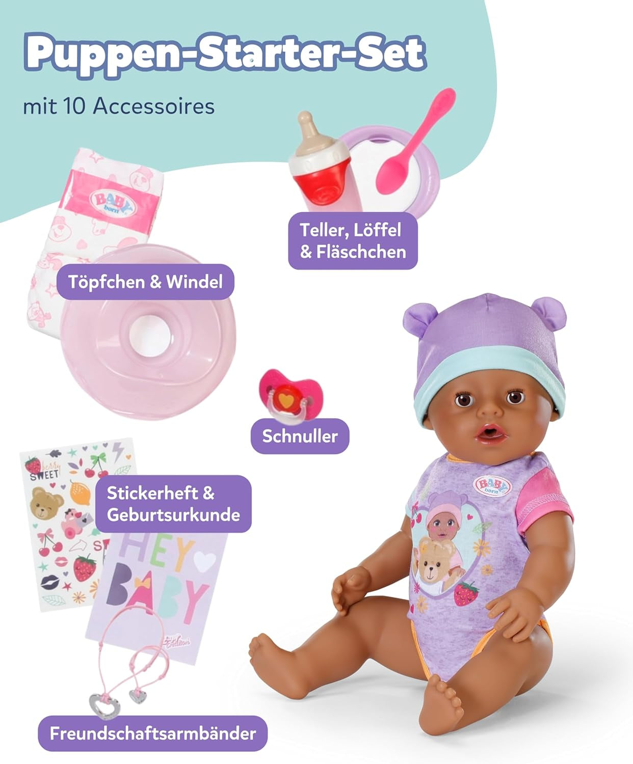 BABY Born Eva – Babypuppe 43 cm – 10 Funktionen inklusive Zubehör und Matratze – Funktioniert komplett ohne Batterien – Geeignet für Kinder ab 3 Jahren