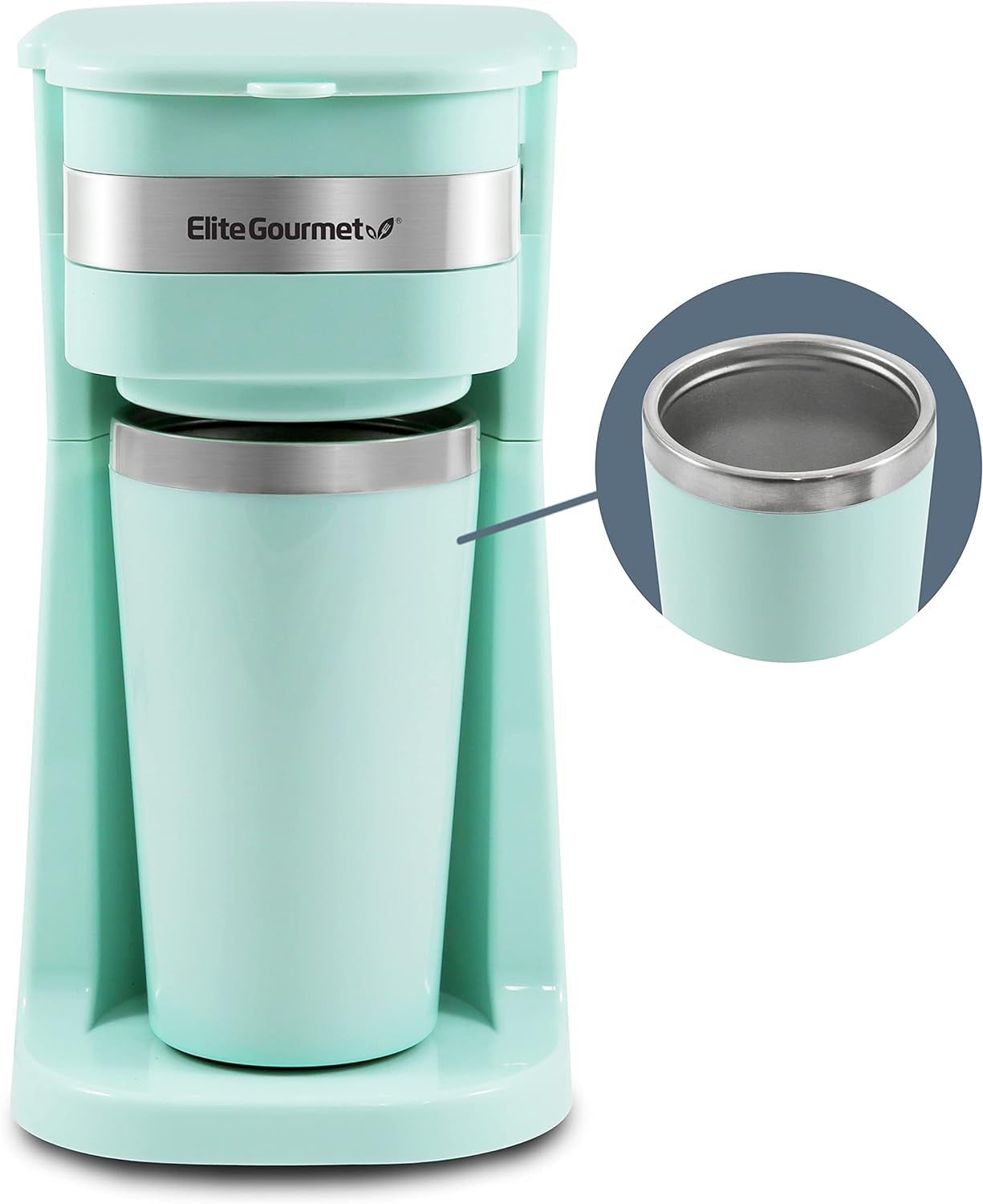 EHC113M# Kompakter persönlicher Filter-Espressobereiter für Einzelportionen mit Edelstahl-Reise-Thermobecher im Inneren, gemahlener Kaffee, wiederverwendbarer Filter, Mintgrün, 400 ml