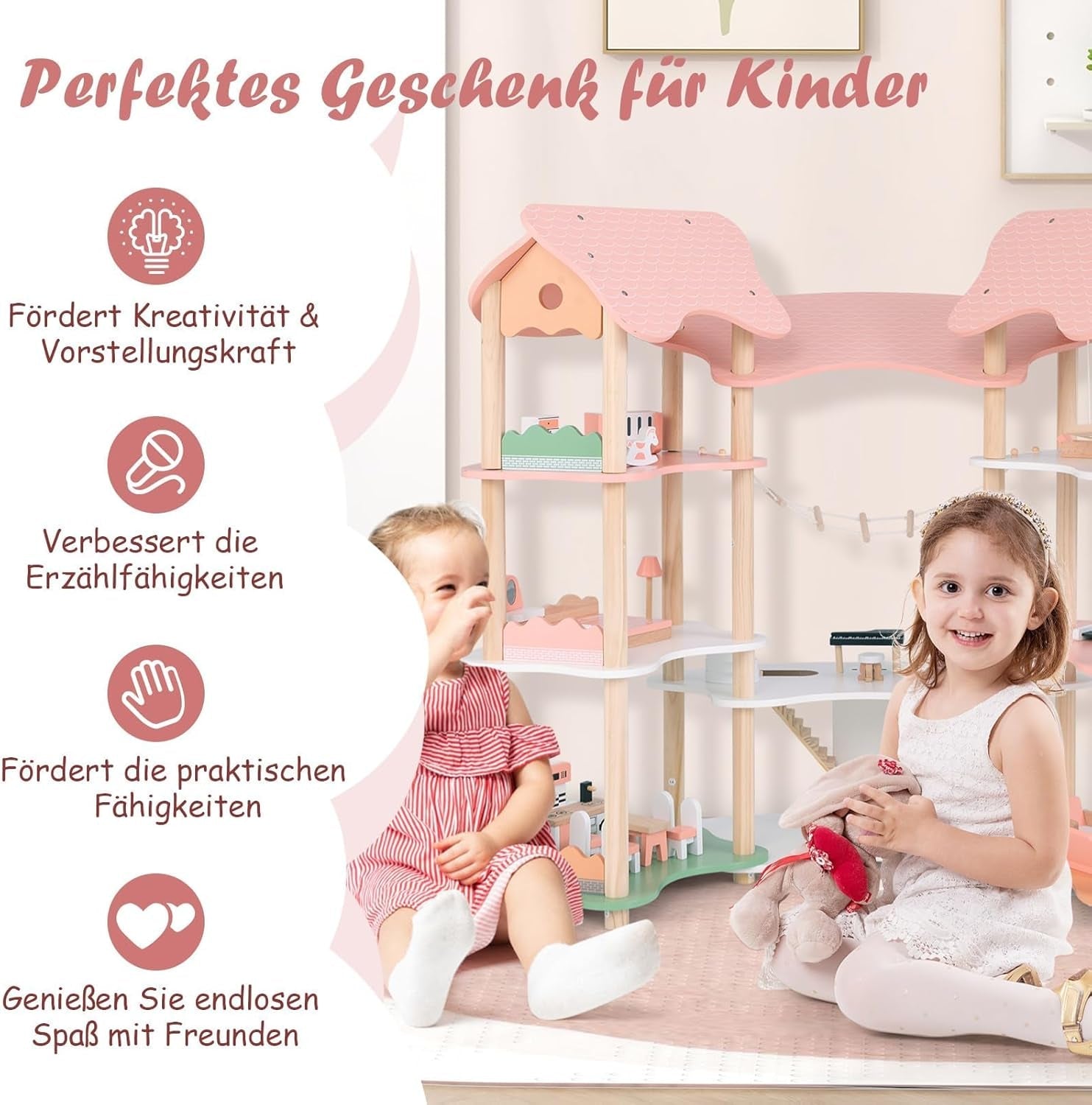 FANTASK Puppenhaus aus Holz, 85 cm hoch, 7-Zimmer-Puppenhaus mit 32 Möbeln und Zubehör, Puppenhaus mit Strickleiter, Puppenhaus-Geschenk für 3-jährige Mädchen (Modell 3) Naty Shop Puppenhäuser