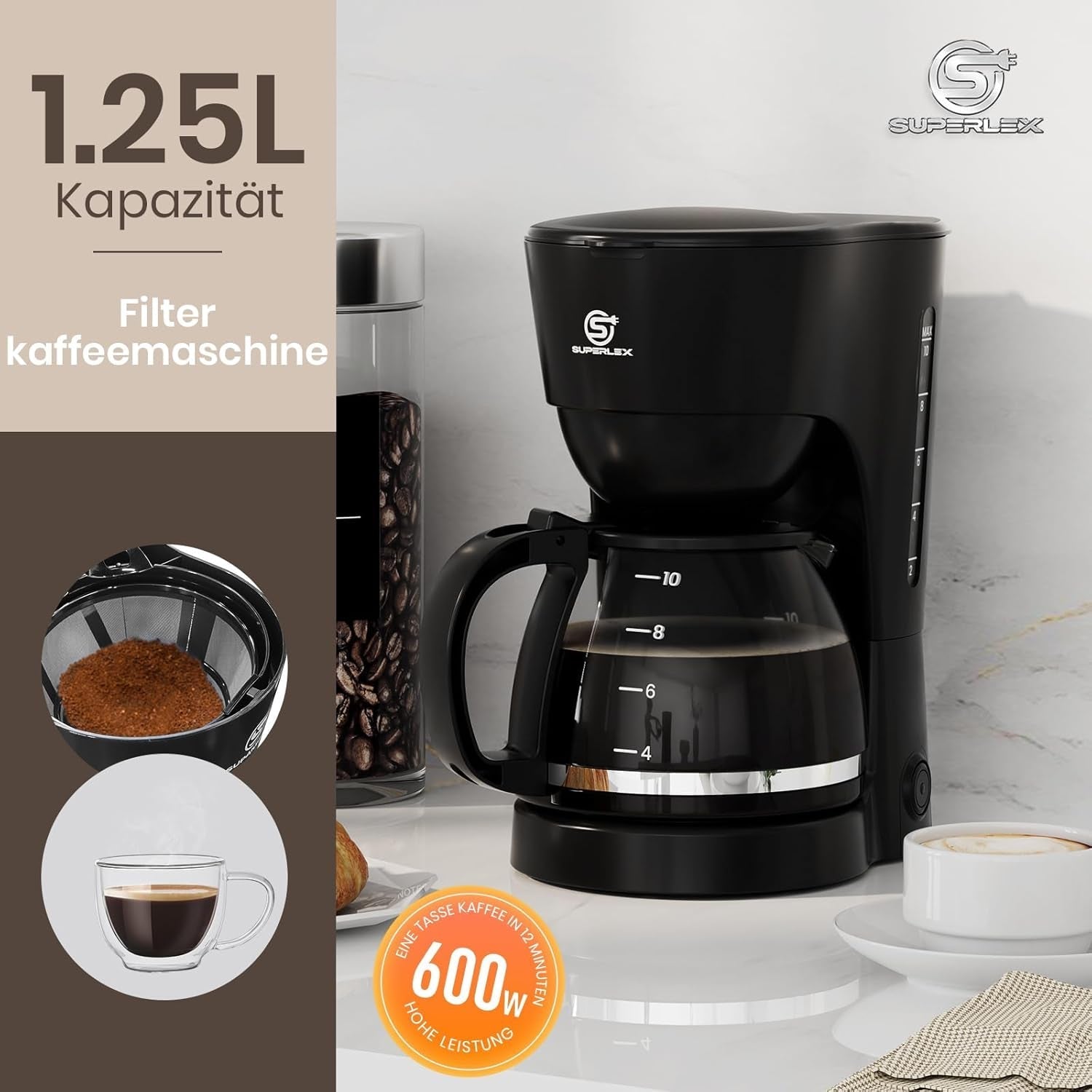 1,25 l Filterkaffeemaschine für 10 Tassen Filterkaffee, spülmaschinenfeste Glaskaraffe, Thermoskanne, Anti-Tropf-System, automatische Abschaltung, 600 W, wasserloser Kochschutz für Zuhause und Büro