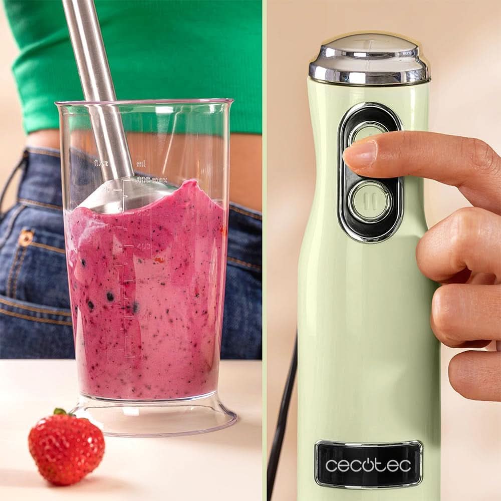 Cecotec Stabmixer Power Retrogreen 1200MAX Cream&Crush, Maximalleistung 1200 W, Crossblades-Technologie, 2 Geschwindigkeiten, Zubehörset Spülmaschinenfest, Spritzschutzhaube Kitchen Naty Shop