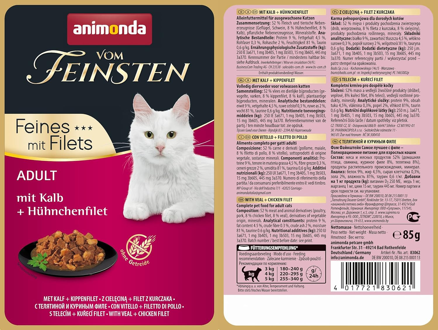 animonda vom Feinsten mit Filets, Katzenfutter nass mit Kalb + Hühnchenfilet, 18 Portionsbeutel (18 x 85g), getreidefreies Katzen Nassfutter ohne Zucker, mit fleischigen Zutaten