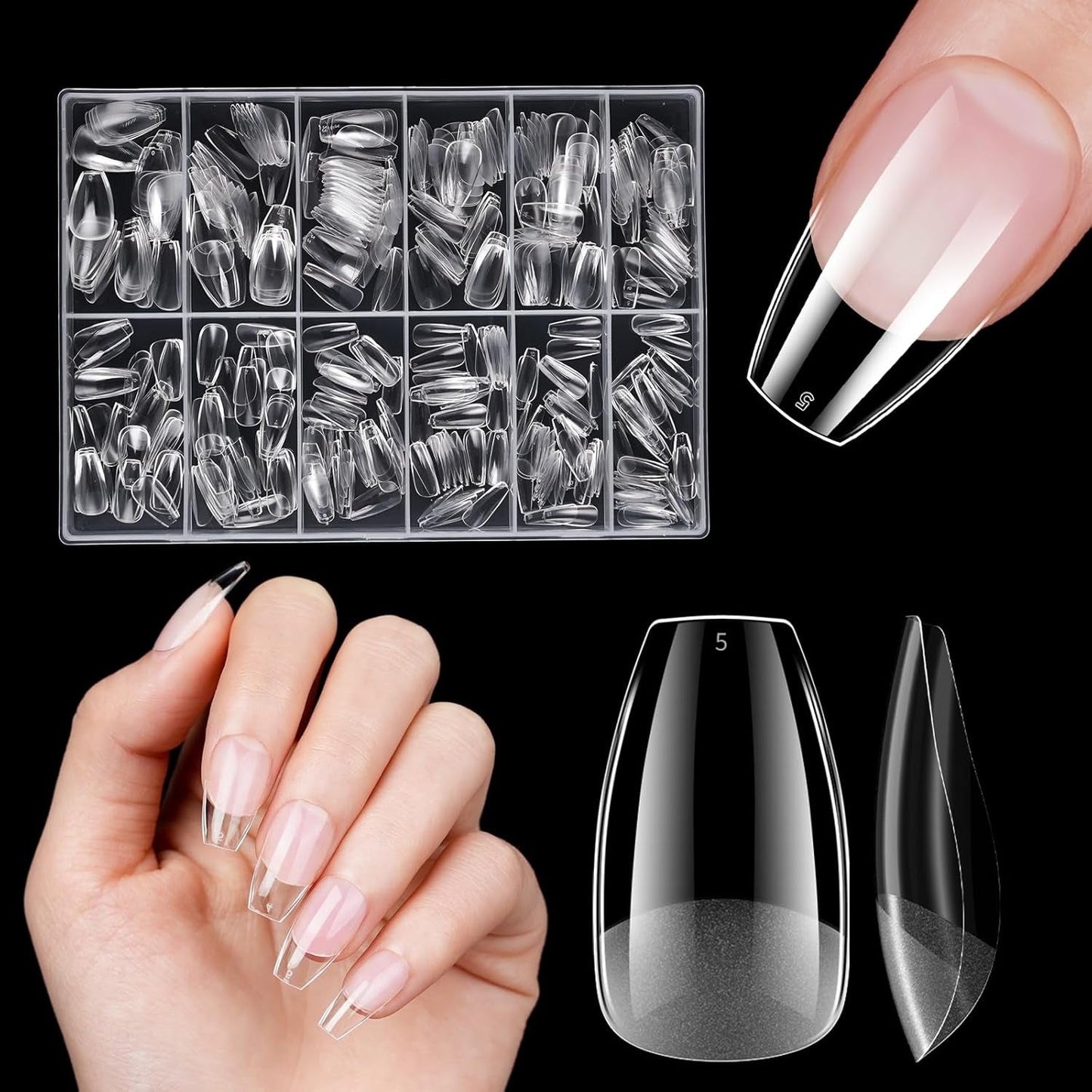 Kurze künstliche Nägel, 500 Stück, weiche Gel-Nagelspitzen mit vollständiger Abdeckung für Gelnägel, 12 Größen, vorpolierte Nagelspitzen für Gelnägel, kurze künstliche Nägel, Sargnagelverlängerungen mit Box