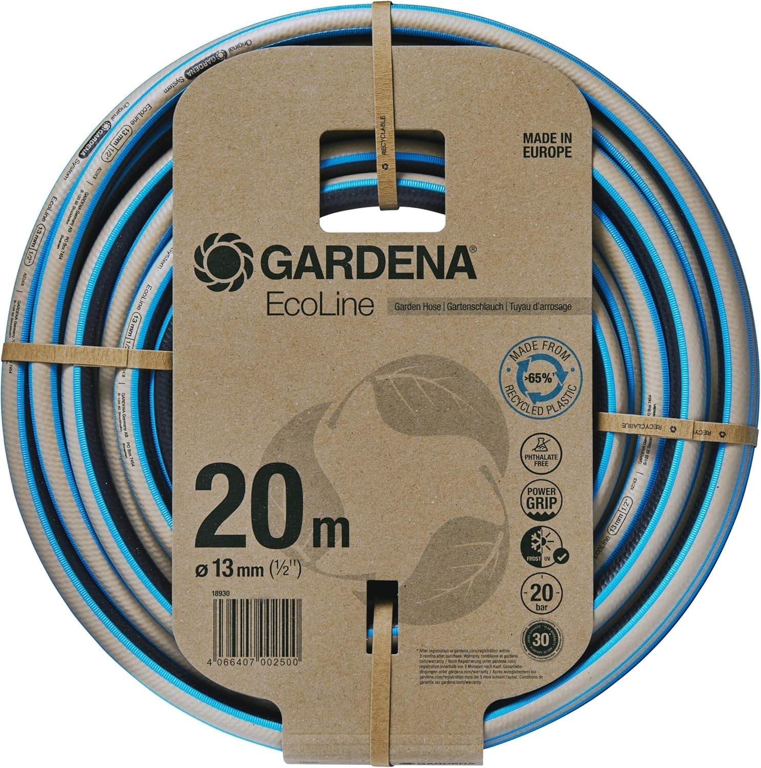 Gardena EcoLine Schlauch 1/2 Zoll, 20 m ohne Systemkomponenten: Nachhaltiger Gartenschlauch aus recyceltem Kunststoff, frei von Phthalaten und Schadstoffen, starke Grifffunktion, Frost- und UV-beständig (18930-20)
