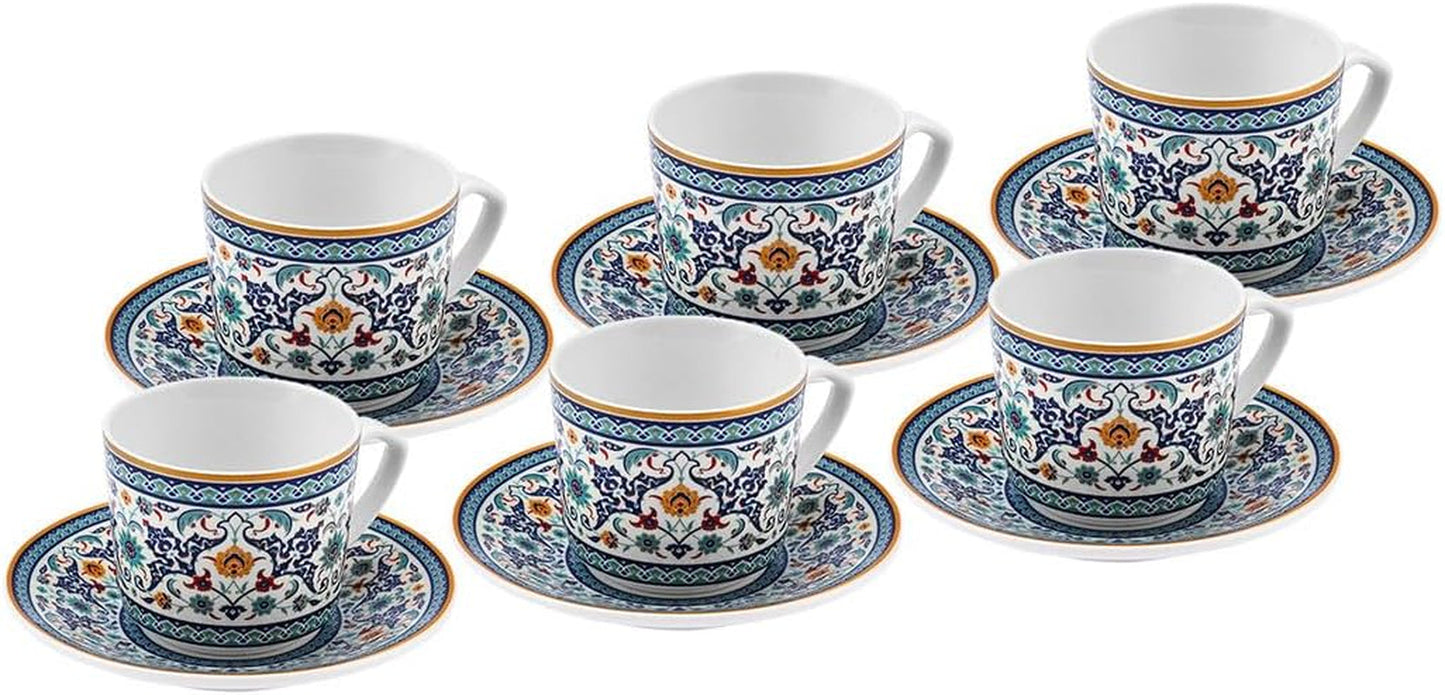 KARACA Beylerbeyi – 12-teiliges türkisches Kaffeetassen-Set, Espressotassen-Set aus Porzellan, 6 Stück mit Untertassen, 80 ml Espressotassen-Set, traditionelles Design – Blau