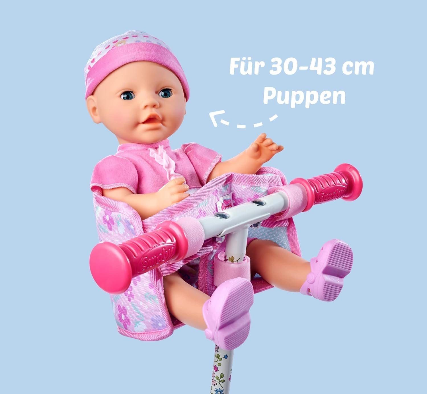 Simba 105560018 – Fahrradsitz für Neugeborene mit Gürtel, Puppenzubehör, Stoffsitz, Sicherheitsgurt, Klettverschluss-Lenker, für 30–43 cm große Puppen, ab 3 Jahren