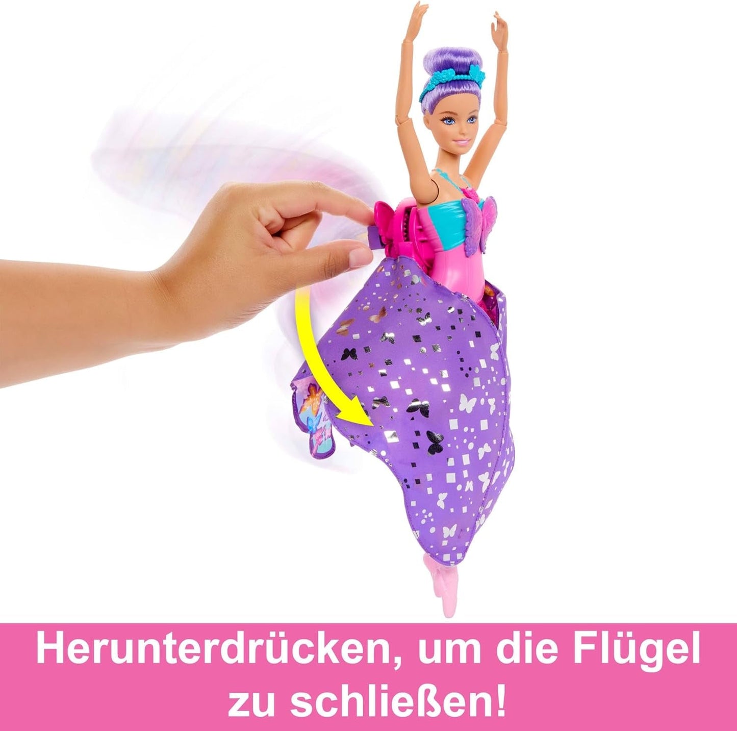 Barbie Tänzerin und Schmetterling 2-in-1 verwandelt Tänzerin in einen Schmetterling mit aufklappbaren Flügeln, lila Haaren, Haarschmuck und abnehmbarem Tutu, HXJ10
