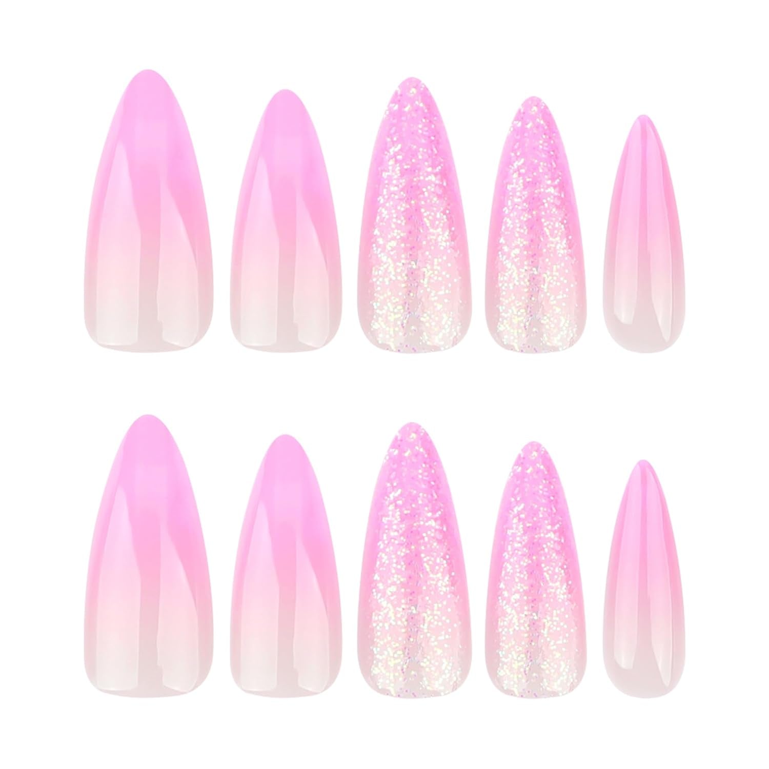 Moonglow Lange Nägel Stiletto Milchweiß Rosa Farbverlauf Glitzer Coole künstliche Nägel mit Kleber Rosa Ombre Glitzer Künstliche Nägel