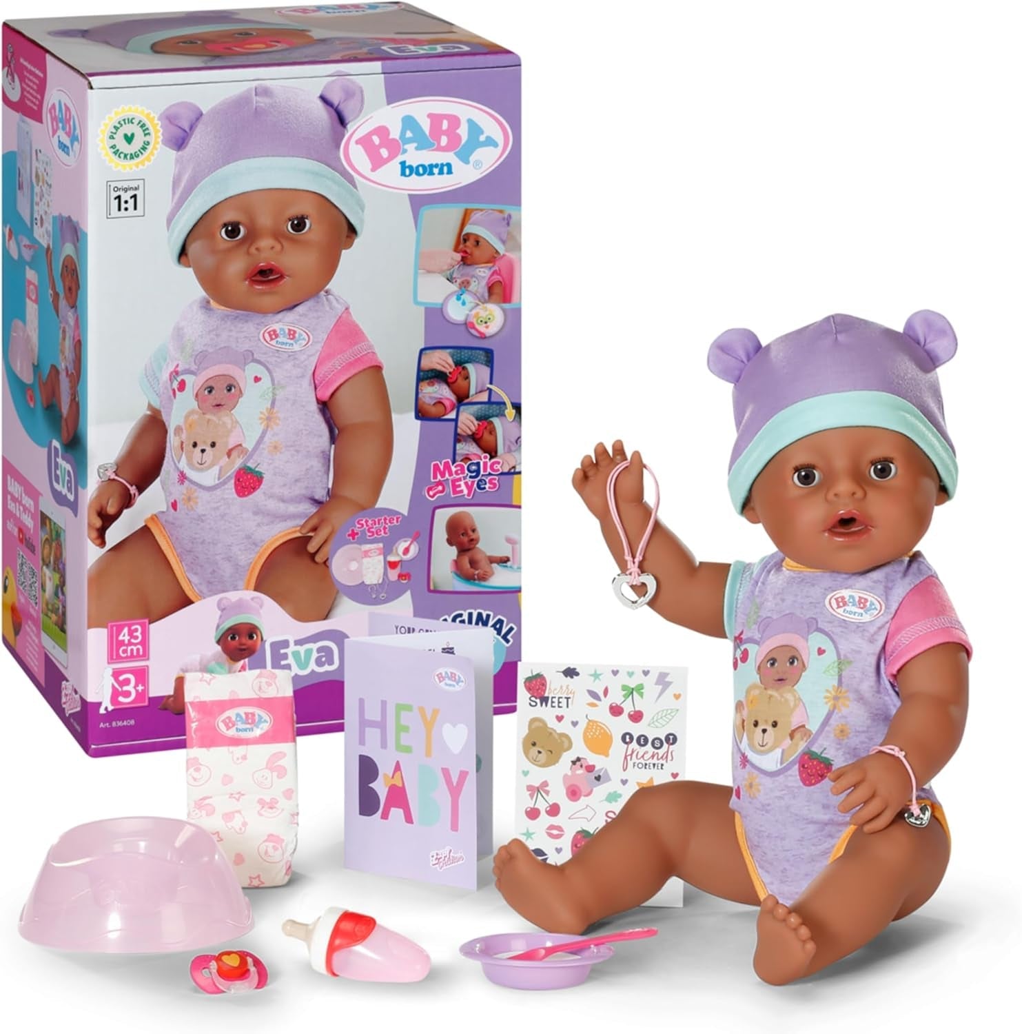 BABY Born Eva 43Cm, Puppe mit 10 Funktionen und Zubehör, für Kinder ab 3 Jahren, funktioniert ohne Batterie, große Puppe 43Cm, 836408 Zapf Creation Dolls Naty Shop Standardtitel