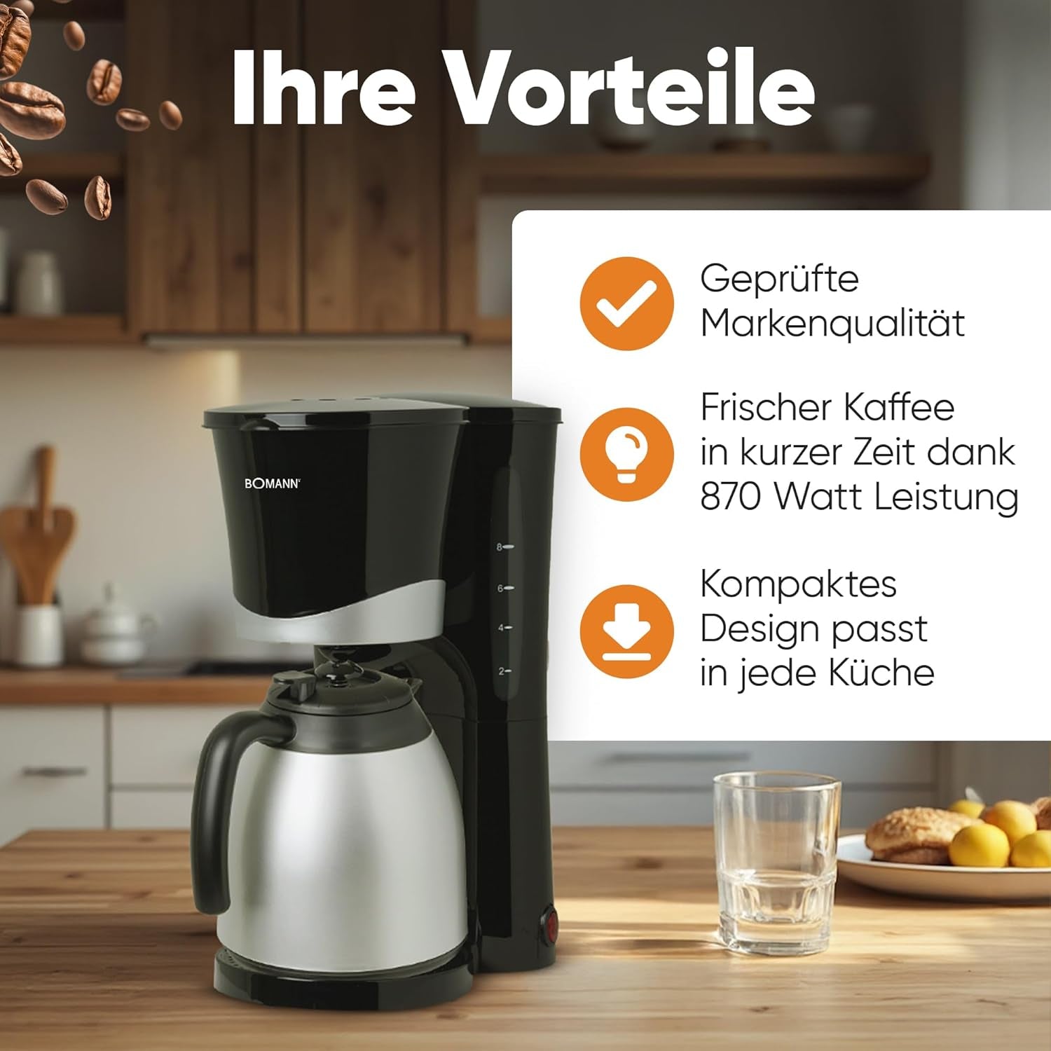 Bomann® Kaffeemaschine mit Thermoskanne | für 8-10 Tassen Kaffee | ohne Temperaturverlust | Kaffeemaschine mit Filter | 1 Liter | Espresso | Filterkaffeemaschine mit Thermoskanne | KA 168 schwarz