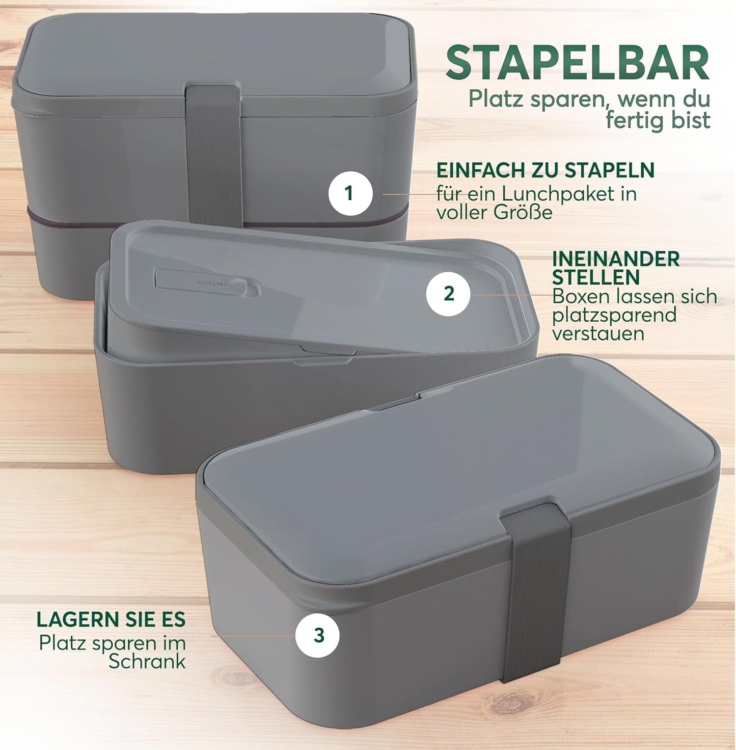 Umami-Lunchbox für Erwachsene, stapelbare Bento-Box mit 4 Besteck und Fächern, Lunchbox für Erwachsene, To-Go-Salatbehälter, Picknick-/Büro-Lunchbox, Anthrazit, 1500 ml Frischhalteboxen Naty Shop