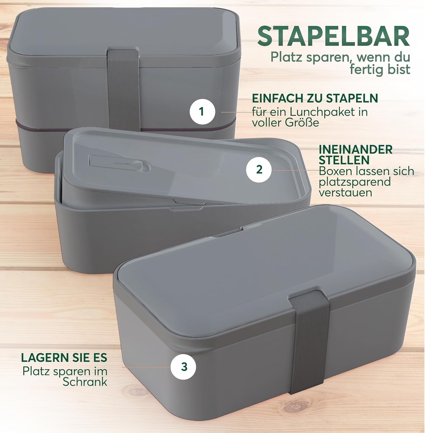 Umami-Lunchbox für Erwachsene, stapelbare Bento-Box mit 4 Besteck und Fächern, Lunchbox für Erwachsene, To-Go-Salatbehälter, Picknick-/Büro-Lunchbox, Anthrazit, 1500 ml Frischhalteboxen Naty Shop