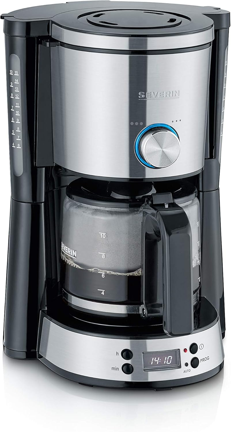 SEVERIN Espressomaschine „TypeSwitch“ mit Glaskaraffe und Timer, AromaSwitch zur Auswahl von 2 Brühoptionen, Digitaluhr mit Timerfunktion, für bis zu 10 Tassen, 1000 W, Edelstahl gebürstet-schwarz, KA 4826