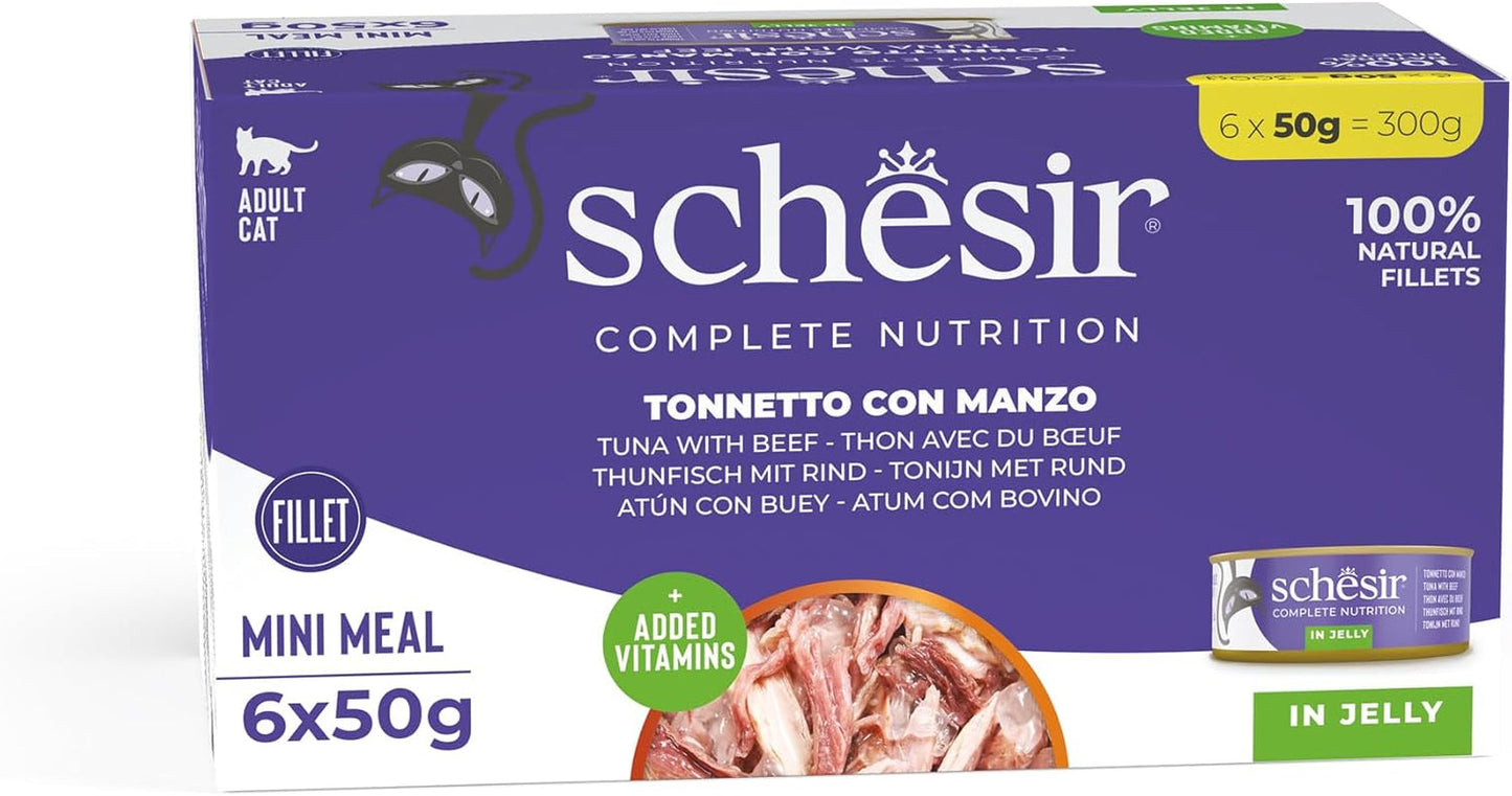 Katzengelee mit Thunfisch und Rindfleisch, Nassfutter für Katzen in Gelee, 8 x 6 Dosen x 50 g